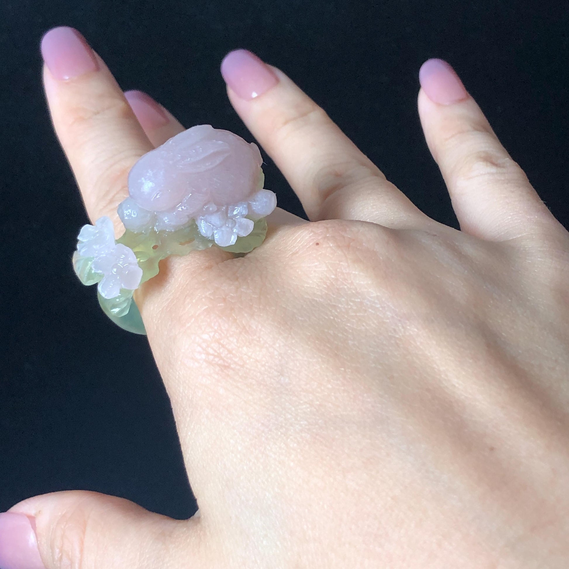 Custom Size! Xiu Jade Serpentine Hand Carved Pink Rabbit Bunny Flower Statement Ring: Green & Pink Jade Handcrafted 3D Stone Carving Ring Gift for her yellow jade green jade carving pink jade carbonate jade ring hand carved jade band ring bird carving flower carving natural jade band ring cocktail ring for women make to order ring big size ring small size ring personalized ring customised ring flower ring rabbit carving bunny ring rabbit lover gift 3D stone carving