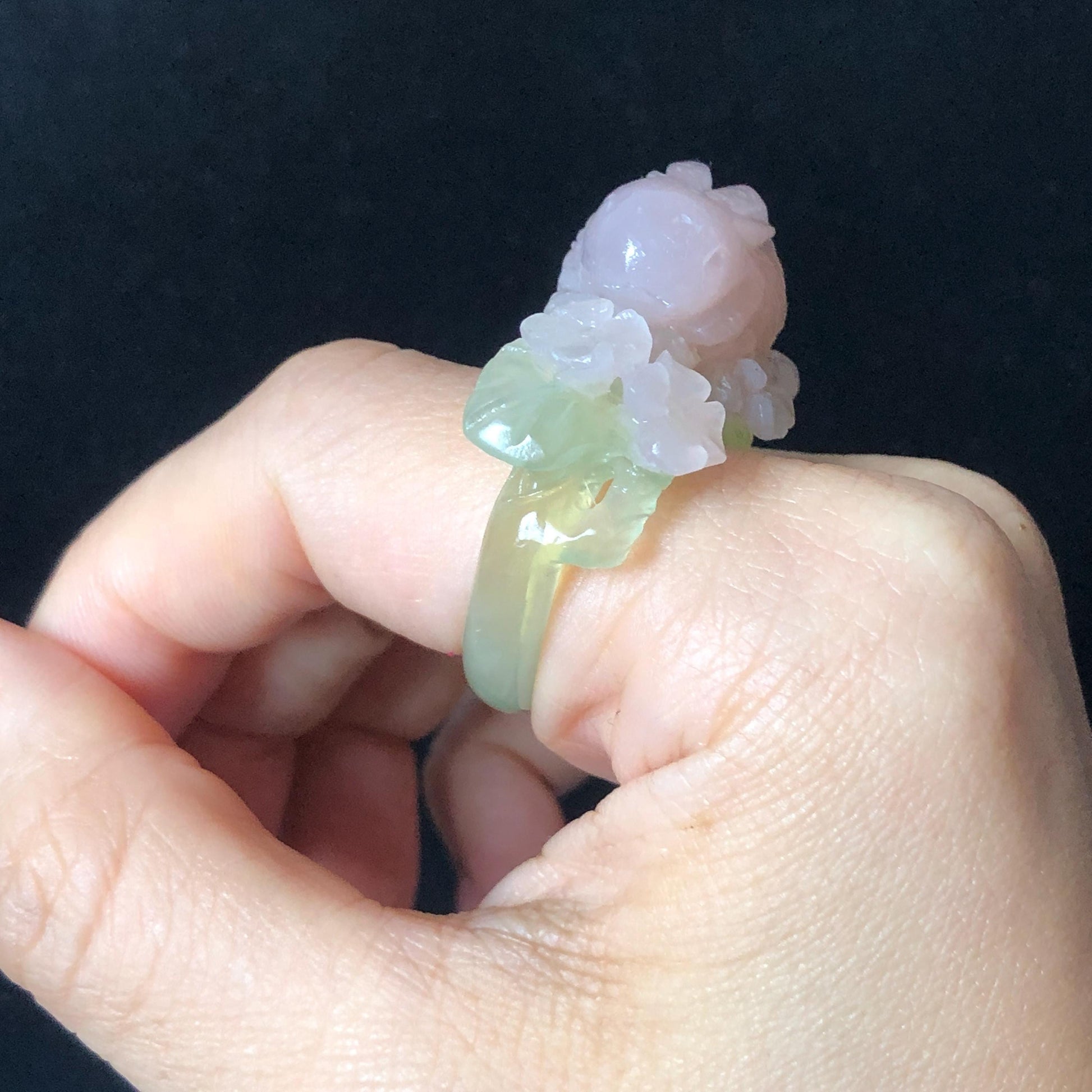 Custom Size! Xiu Jade Serpentine Hand Carved Pink Rabbit Bunny Flower Statement Ring: Green & Pink Jade Handcrafted 3D Stone Carving Ring Gift for her yellow jade green jade carving pink jade carbonate jade ring hand carved jade band ring bird carving flower carving natural jade band ring cocktail ring for women make to order ring big size ring small size ring personalized ring customised ring flower ring rabbit carving bunny ring rabbit lover gift 3D stone carving