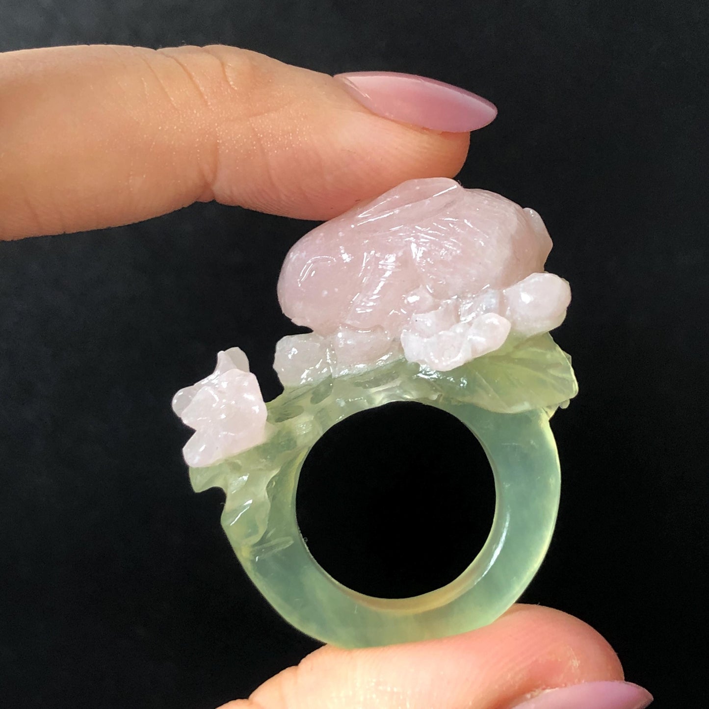 Custom Size! Xiu Jade Serpentine Hand Carved Pink Rabbit Bunny Flower Statement Ring: Green & Pink Jade Handcrafted 3D Stone Carving Ring Gift for her yellow jade green jade carving pink jade carbonate jade ring hand carved jade band ring bird carving flower carving natural jade band ring cocktail ring for women make to order ring big size ring small size ring personalized ring customised ring flower ring rabbit carving bunny ring rabbit lover gift 3D stone carving