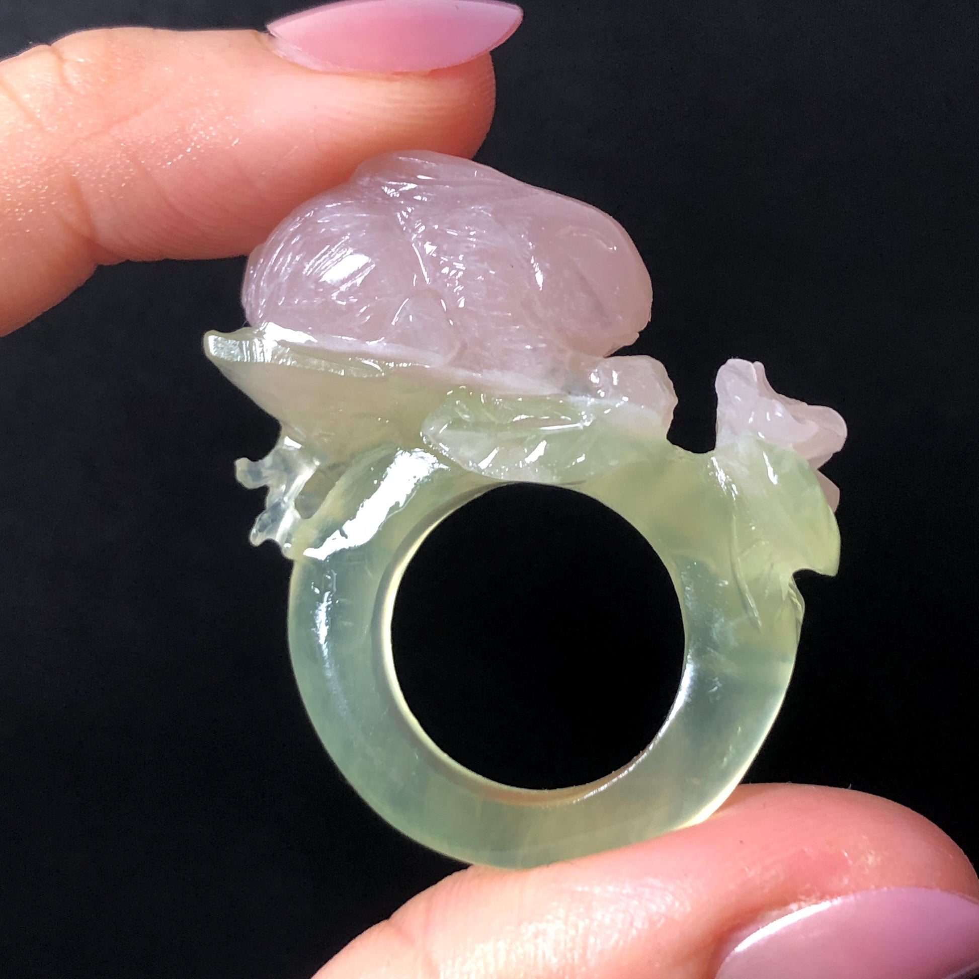 Custom Size! Xiu Jade Serpentine Hand Carved Pink Rabbit Bunny Flower Statement Ring: Green & Pink Jade Handcrafted 3D Stone Carving Ring Gift for her yellow jade green jade carving pink jade carbonate jade ring hand carved jade band ring bird carving flower carving natural jade band ring cocktail ring for women make to order ring big size ring small size ring personalized ring customised ring flower ring rabbit carving bunny ring rabbit lover gift 3D stone carving