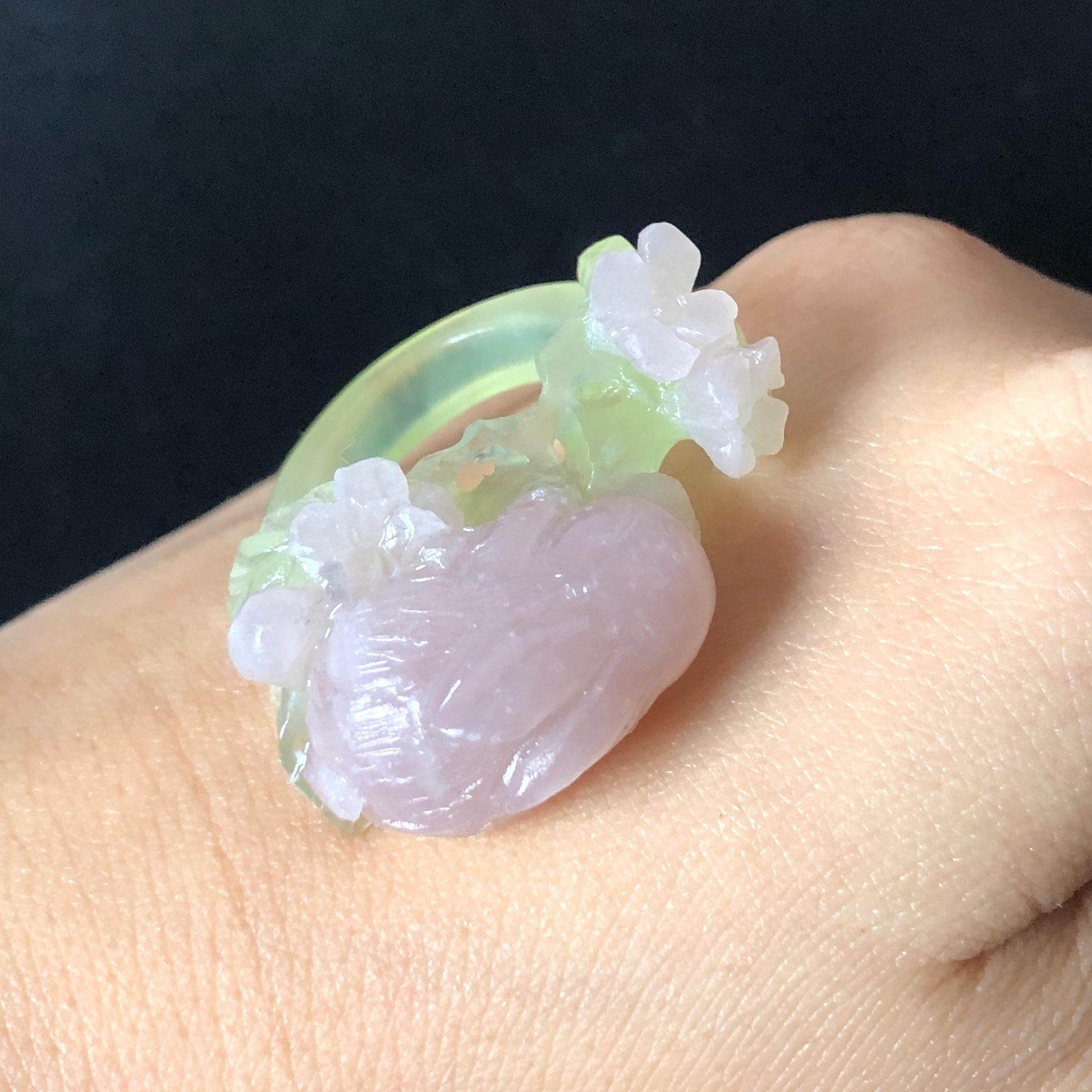 Custom Size! Xiu Jade Serpentine Hand Carved Pink Rabbit Bunny Flower Statement Ring: Green & Pink Jade Handcrafted 3D Stone Carving Ring Gift for her yellow jade green jade carving pink jade carbonate jade ring hand carved jade band ring bird carving flower carving natural jade band ring cocktail ring for women make to order ring big size ring small size ring personalized ring customised ring flower ring rabbit carving bunny ring rabbit lover gift 3D stone carving
