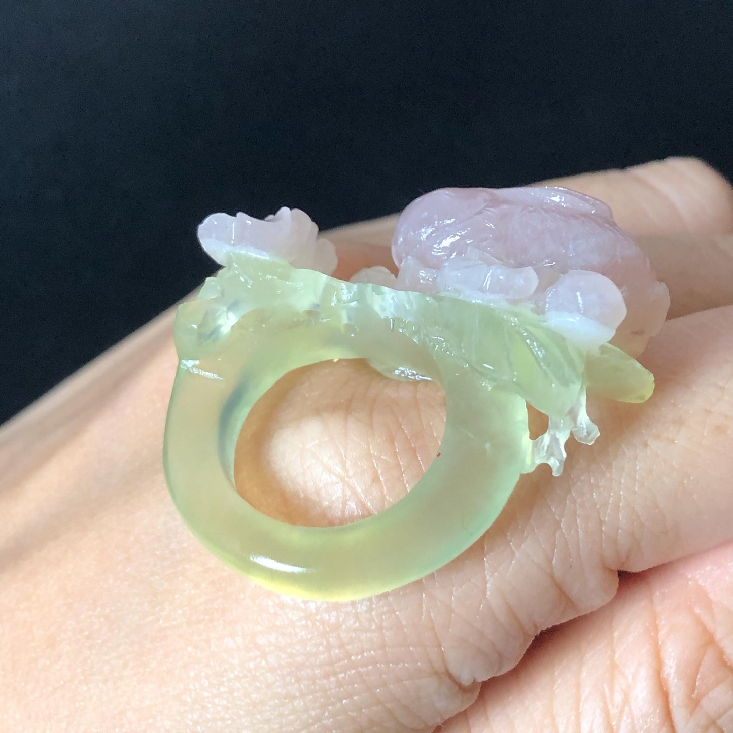 Custom Size! Xiu Jade Serpentine Hand Carved Pink Rabbit Bunny Flower Statement Ring: Green & Pink Jade Handcrafted 3D Stone Carving Ring Gift for her yellow jade green jade carving pink jade carbonate jade ring hand carved jade band ring bird carving flower carving natural jade band ring cocktail ring for women make to order ring big size ring small size ring personalized ring customised ring flower ring rabbit carving bunny ring rabbit lover gift 3D stone carving