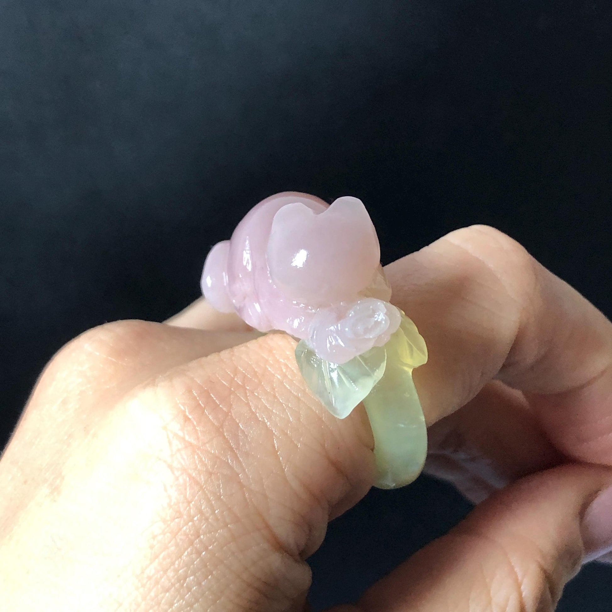 Custom Size! Xiu Jade Serpentine Hand Carved Pink Cat Kitten Flower Statement Ring: Green & Pink Jade Handcrafted 3D Stone Carving Ring  Gift for her yellow jade green jade carving pink jade carbonate jade ring hand carved jade band ring cat carving flower carving natural jade band ring cocktail ring for women make to order ring big size ring small size ring personalized ring customised ring flower ring kitten carving rose ring cat lover gift 3D stone carving