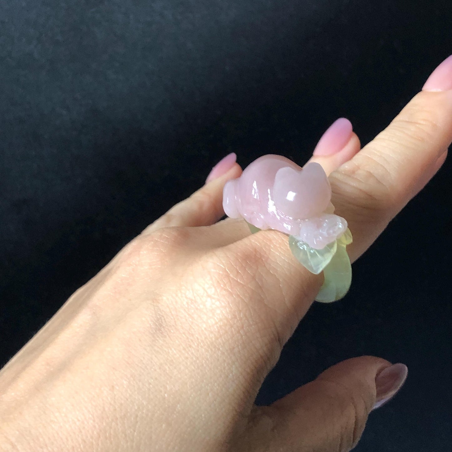 Custom Size! Xiu Jade Serpentine Hand Carved Pink Cat Kitten Flower Statement Ring: Green & Pink Jade Handcrafted 3D Stone Carving Ring  Gift for her yellow jade green jade carving pink jade carbonate jade ring hand carved jade band ring cat carving flower carving natural jade band ring cocktail ring for women make to order ring big size ring small size ring personalized ring customised ring flower ring kitten carving rose ring cat lover gift 3D stone carving