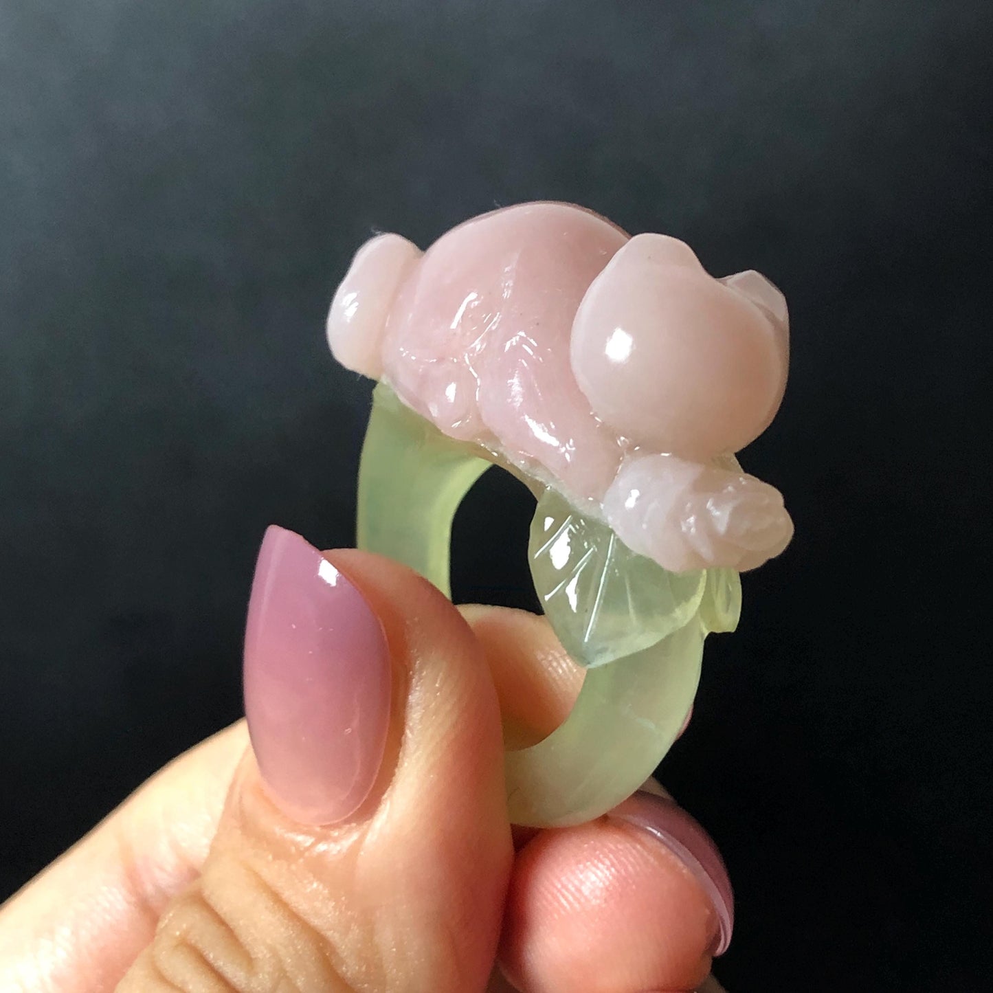 Custom Size! Xiu Jade Serpentine Hand Carved Pink Cat Kitten Flower Statement Ring: Green & Pink Jade Handcrafted 3D Stone Carving Ring  Gift for her yellow jade green jade carving pink jade carbonate jade ring hand carved jade band ring cat carving flower carving natural jade band ring cocktail ring for women make to order ring big size ring small size ring personalized ring customised ring flower ring kitten carving rose ring cat lover gift 3D stone carving