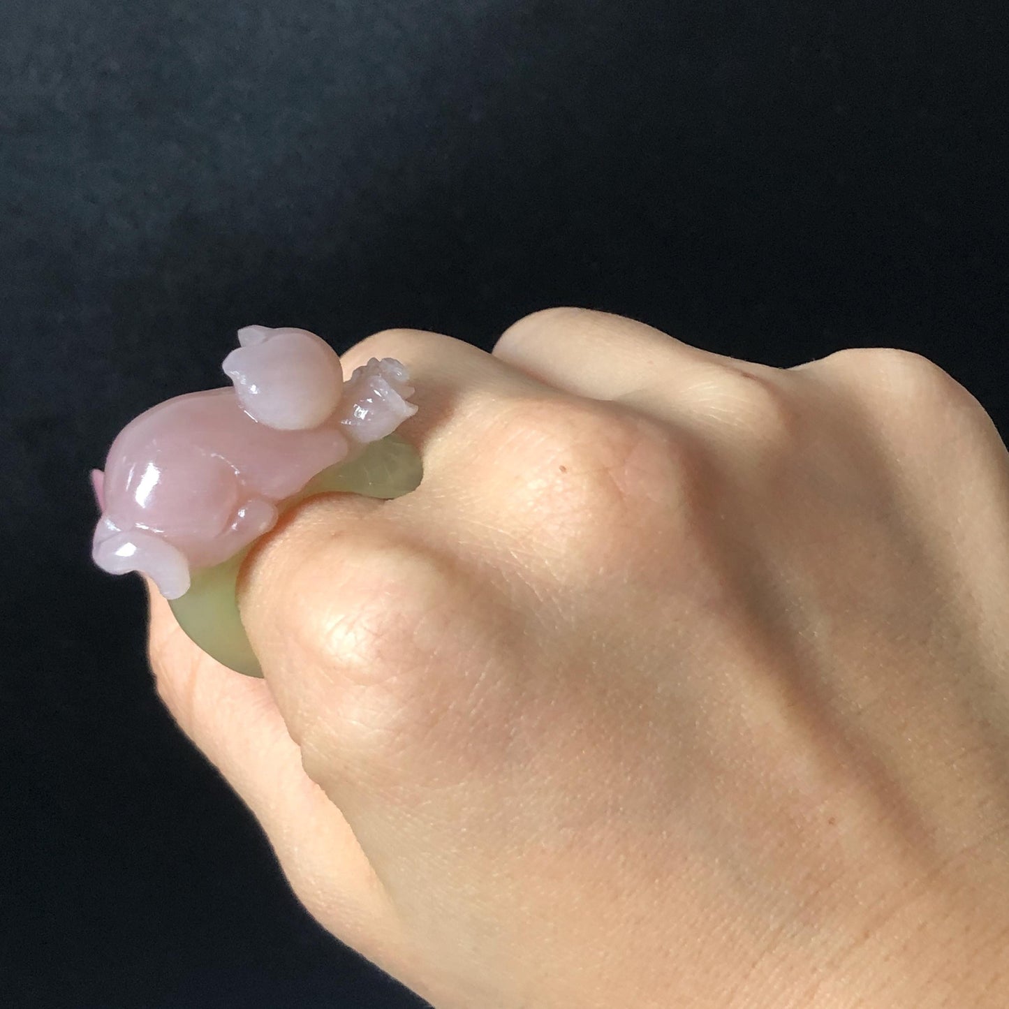 Custom Size! Xiu Jade Serpentine Hand Carved Pink Cat Kitten Flower Statement Ring: Green & Pink Jade Handcrafted 3D Stone Carving Ring  Gift for her yellow jade green jade carving pink jade carbonate jade ring hand carved jade band ring cat carving flower carving natural jade band ring cocktail ring for women make to order ring big size ring small size ring personalized ring customised ring flower ring kitten carving rose ring cat lover gift 3D stone carving