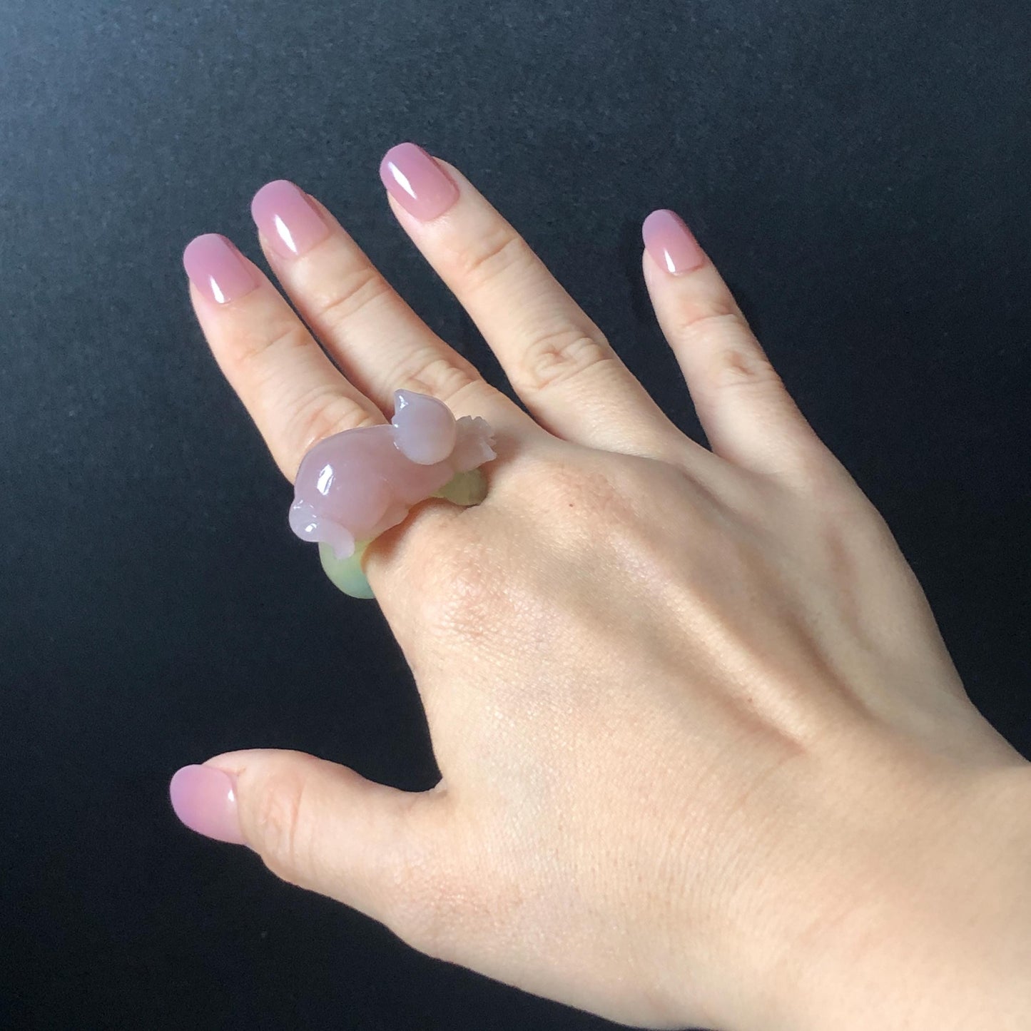 Custom Size! Xiu Jade Serpentine Hand Carved Pink Cat Kitten Flower Statement Ring: Green & Pink Jade Handcrafted 3D Stone Carving Ring  Gift for her yellow jade green jade carving pink jade carbonate jade ring hand carved jade band ring cat carving flower carving natural jade band ring cocktail ring for women make to order ring big size ring small size ring personalized ring customised ring flower ring kitten carving rose ring cat lover gift 3D stone carving