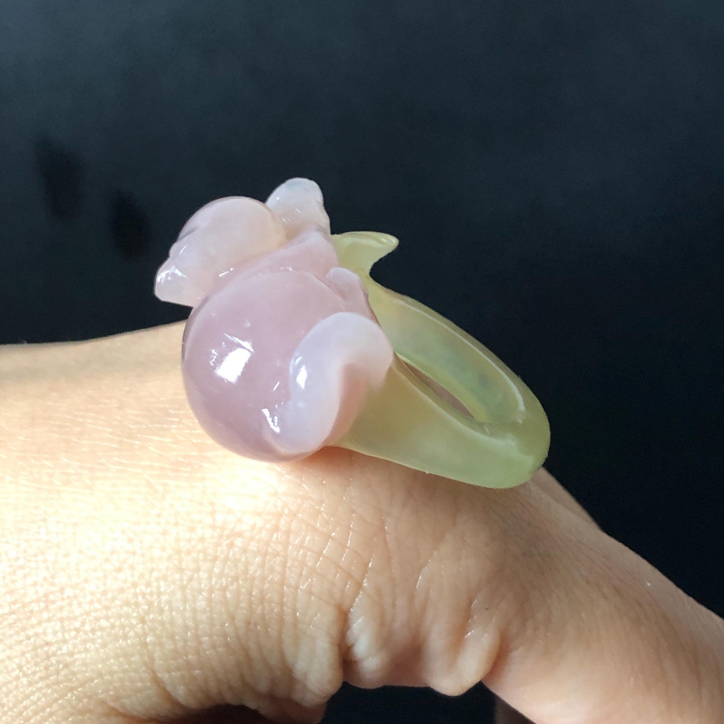 Custom Size! Xiu Jade Serpentine Hand Carved Pink Cat Kitten Flower Statement Ring: Green & Pink Jade Handcrafted 3D Stone Carving Ring  Gift for her yellow jade green jade carving pink jade carbonate jade ring hand carved jade band ring cat carving flower carving natural jade band ring cocktail ring for women make to order ring big size ring small size ring personalized ring customised ring flower ring kitten carving rose ring cat lover gift 3D stone carving