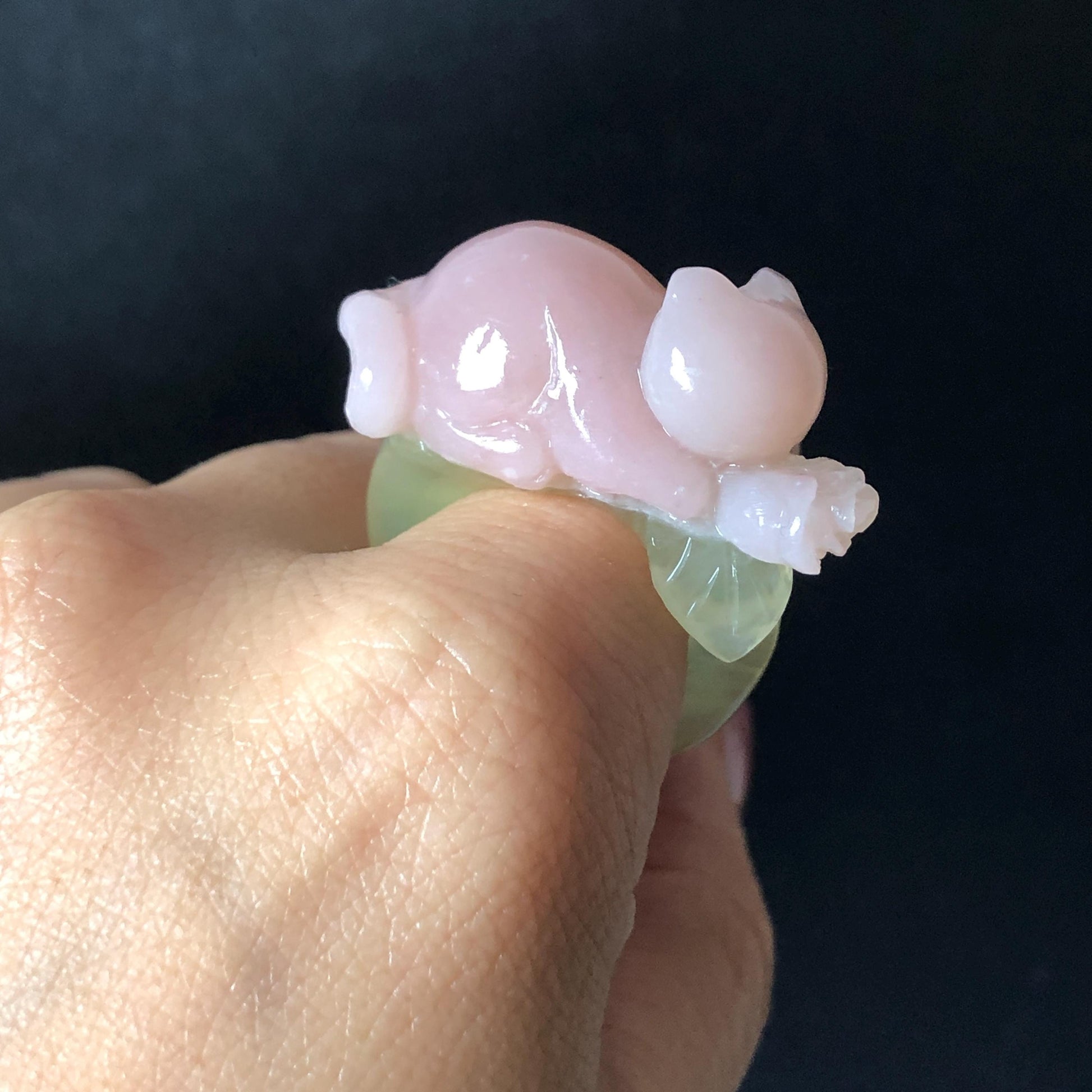 Custom Size! Xiu Jade Serpentine Hand Carved Pink Cat Kitten Flower Statement Ring: Green & Pink Jade Handcrafted 3D Stone Carving Ring  Gift for her yellow jade green jade carving pink jade carbonate jade ring hand carved jade band ring cat carving flower carving natural jade band ring cocktail ring for women make to order ring big size ring small size ring personalized ring customised ring flower ring kitten carving rose ring cat lover gift 3D stone carving