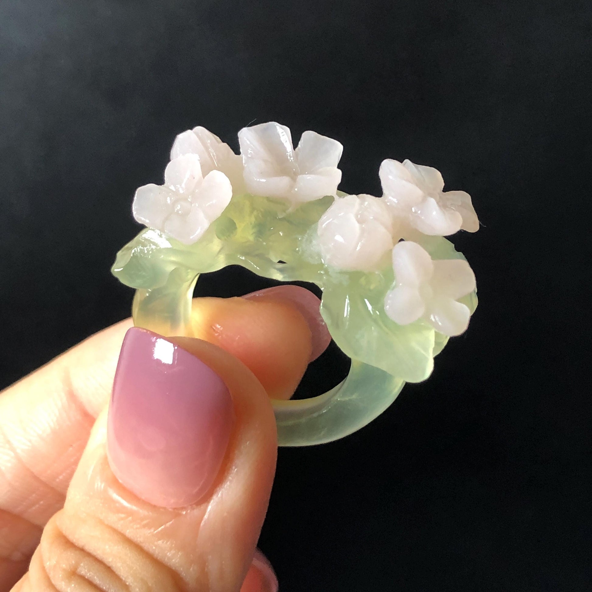 Custom Size! Xiu Jade Serpentine Hand Carved Pink Osmanthus Flowers Statement Ring: Green & Pink Jade Handcrafted 3D Stone Carving Ring  Pendant Handcrafted Crystal Gemstone Gift pink jade carbonate jade ring hand carved jade band ring flower carving natural jade band ring cocktail ring gift for her ring for women make to order ring big size ring small size ring personalized ring customised ring flower ring flower carving green jade pink jade