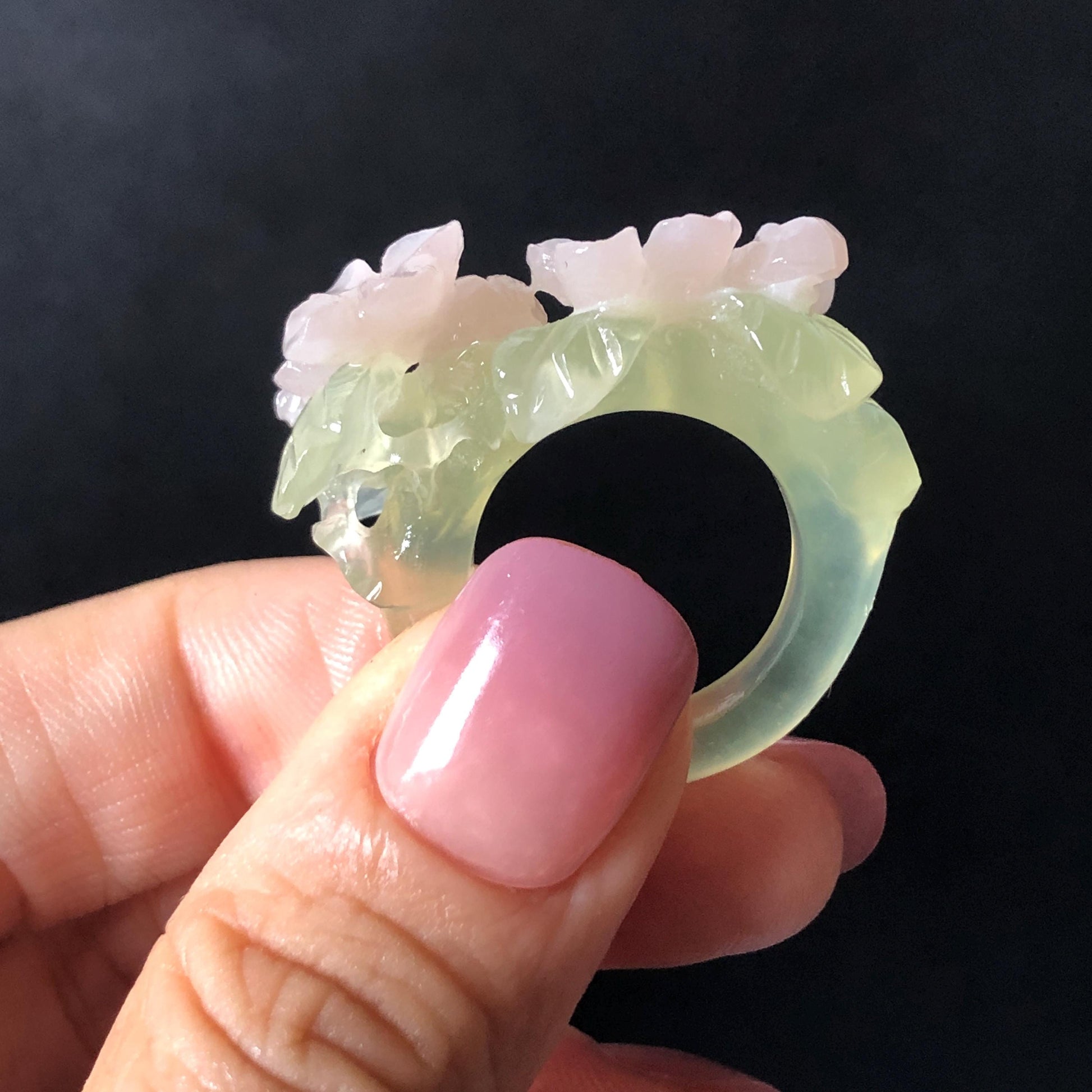 Custom Size! Xiu Jade Serpentine Hand Carved Pink Osmanthus Flowers Statement Ring: Green & Pink Jade Handcrafted 3D Stone Carving Ring  Pendant Handcrafted Crystal Gemstone Gift pink jade carbonate jade ring hand carved jade band ring flower carving natural jade band ring cocktail ring gift for her ring for women make to order ring big size ring small size ring personalized ring customised ring flower ring flower carving green jade pink jade