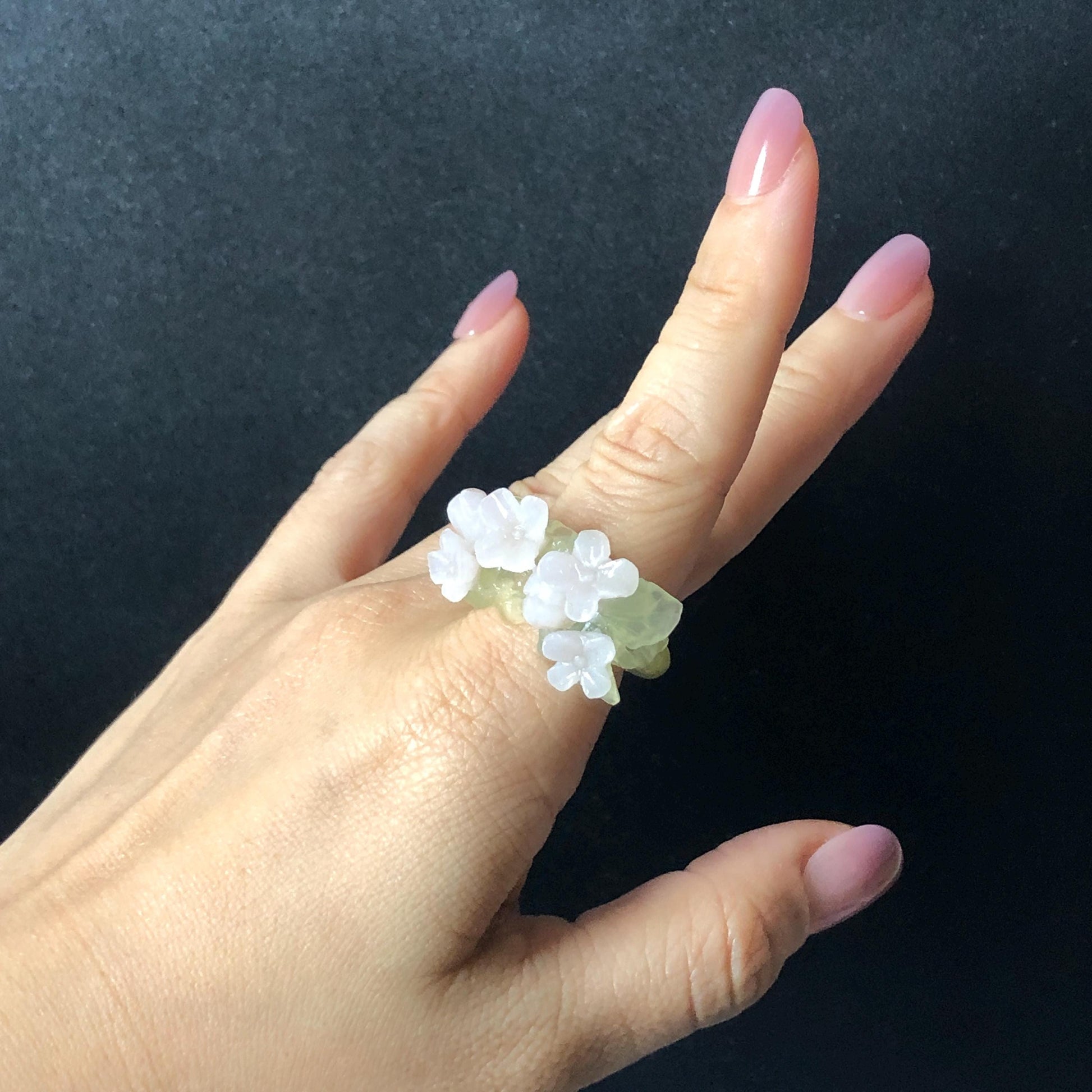 Custom Size! Xiu Jade Serpentine Hand Carved Pink Osmanthus Flowers Statement Ring: Green & Pink Jade Handcrafted 3D Stone Carving Ring  Pendant Handcrafted Crystal Gemstone Gift pink jade carbonate jade ring hand carved jade band ring flower carving natural jade band ring cocktail ring gift for her ring for women make to order ring big size ring small size ring personalized ring customised ring flower ring flower carving green jade pink jade