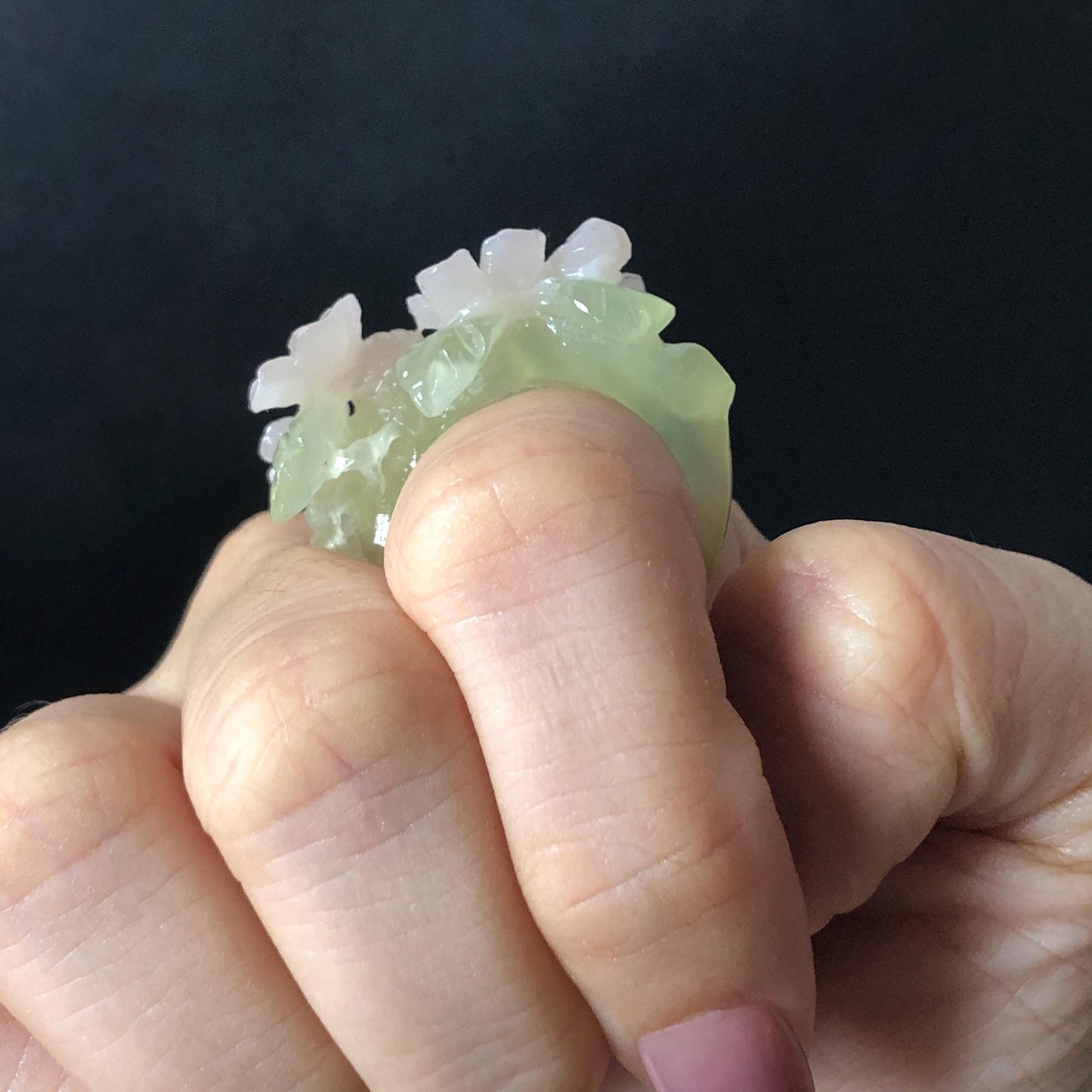 Custom Size! Xiu Jade Serpentine Hand Carved Pink Osmanthus Flowers Statement Ring: Green & Pink Jade Handcrafted 3D Stone Carving Ring  Pendant Handcrafted Crystal Gemstone Gift pink jade carbonate jade ring hand carved jade band ring flower carving natural jade band ring cocktail ring gift for her ring for women make to order ring big size ring small size ring personalized ring customised ring flower ring flower carving green jade pink jade