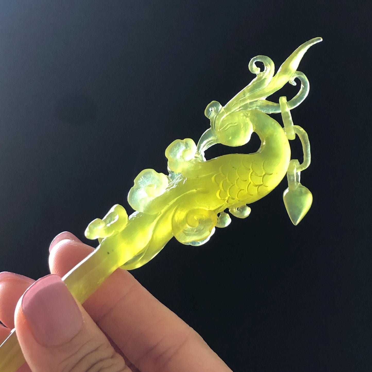 Xiu Jade (Serpentine) Hand Carved Golden Phoenix Hair Pin: Natural Ice Yellow Jade Handcrafted Hair Stick 3D Stone Carving Asian Chinese Vintage Hanfu Hair Fork gift for her yellow jade carving phoenix carving peony carving certified natural jade untreated jade with certificate chinese hairpins japanese hair pins korean hair stick hanfu hair comb antique hair fork wedding headpiece