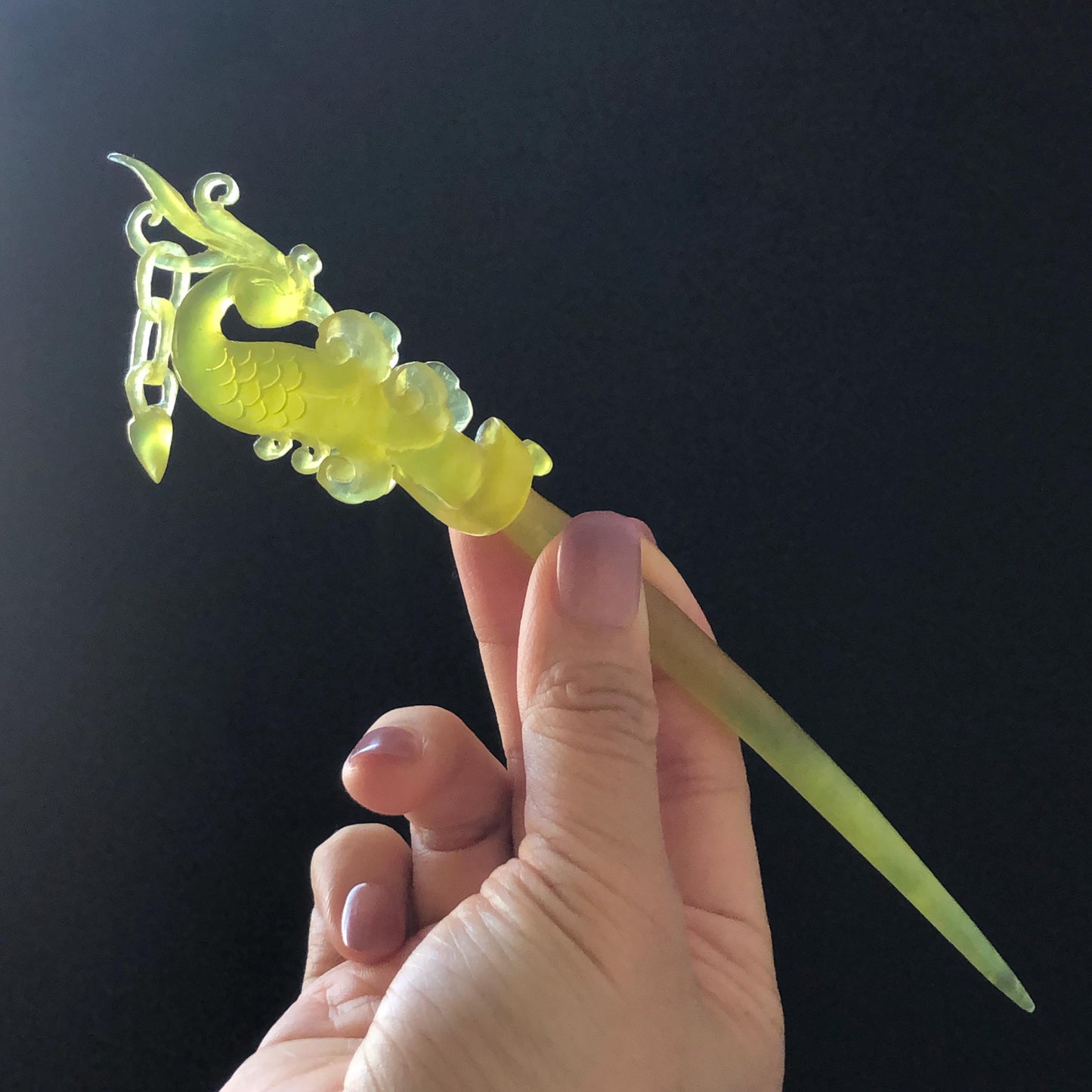 Xiu Jade (Serpentine) Hand Carved Golden Phoenix Hair Pin: Natural Ice Yellow Jade Handcrafted Hair Stick 3D Stone Carving Asian Chinese Vintage Hanfu Hair Fork gift for her yellow jade carving phoenix carving peony carving certified natural jade untreated jade with certificate chinese hairpins japanese hair pins korean hair stick hanfu hair comb antique hair fork wedding headpiece