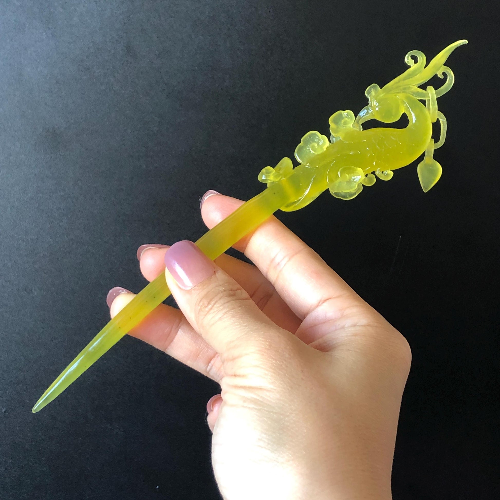 Xiu Jade (Serpentine) Hand Carved Golden Phoenix Hair Pin: Natural Ice Yellow Jade Handcrafted Hair Stick 3D Stone Carving Asian Chinese Vintage Hanfu Hair Fork gift for her yellow jade carving phoenix carving peony carving certified natural jade untreated jade with certificate chinese hairpins japanese hair pins korean hair stick hanfu hair comb antique hair fork wedding headpiece