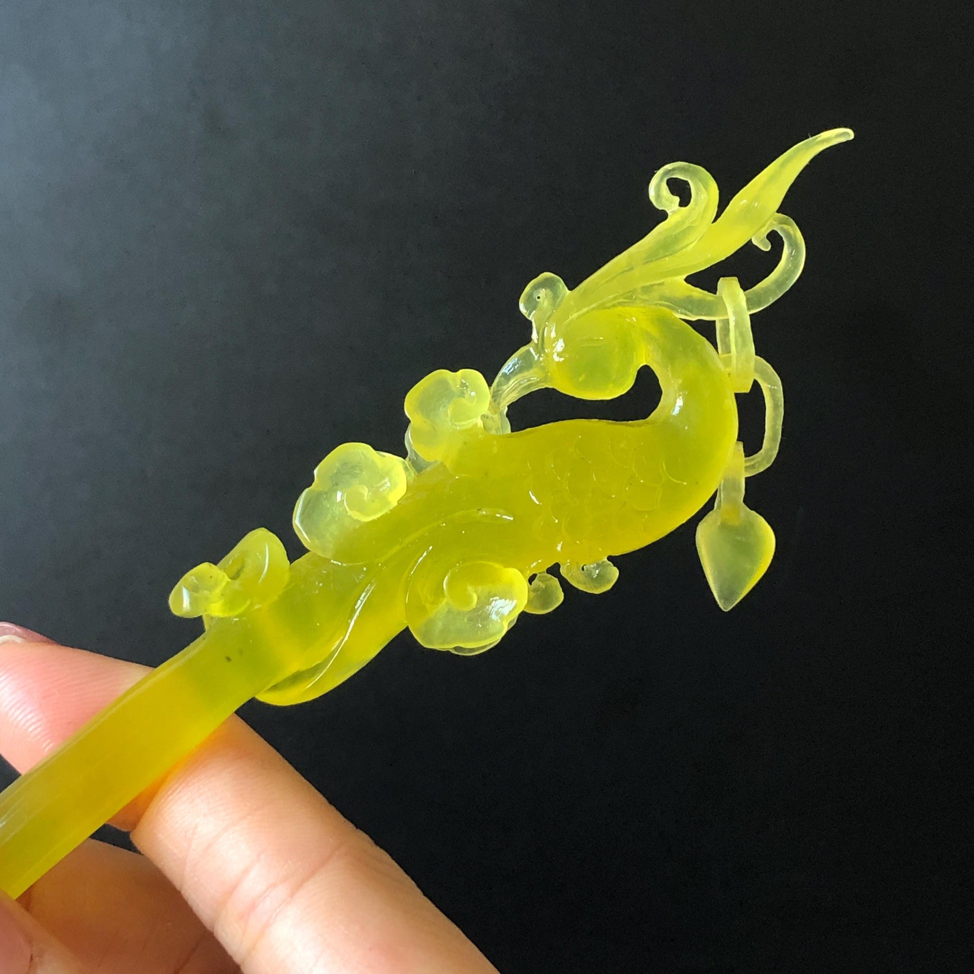 Xiu Jade (Serpentine) Hand Carved Golden Phoenix Hair Pin: Natural Ice Yellow Jade Handcrafted Hair Stick 3D Stone Carving Asian Chinese Vintage Hanfu Hair Fork gift for her yellow jade carving phoenix carving peony carving certified natural jade untreated jade with certificate chinese hairpins japanese hair pins korean hair stick hanfu hair comb antique hair fork wedding headpiece