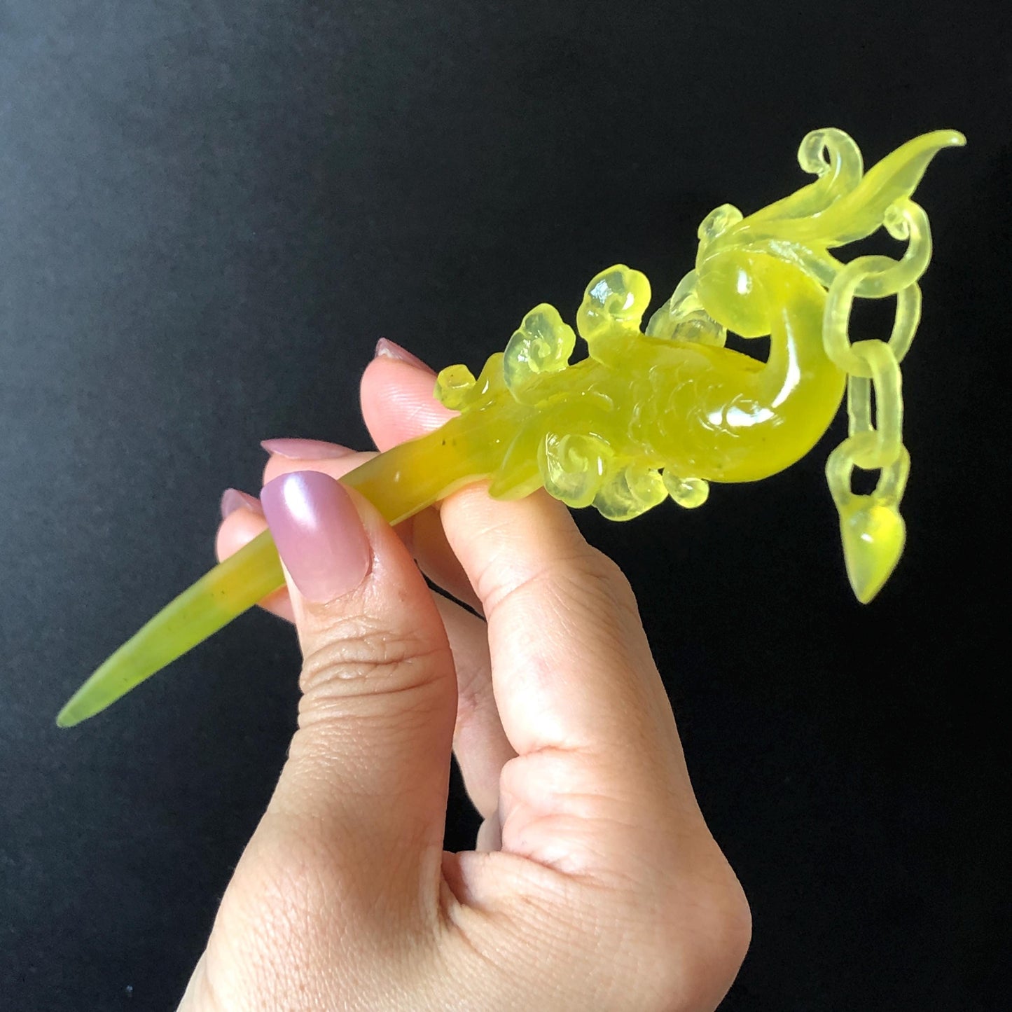 Xiu Jade (Serpentine) Hand Carved Golden Phoenix Hair Pin: Natural Ice Yellow Jade Handcrafted Hair Stick 3D Stone Carving Asian Chinese Vintage Hanfu Hair Fork gift for her yellow jade carving phoenix carving peony carving certified natural jade untreated jade with certificate chinese hairpins japanese hair pins korean hair stick hanfu hair comb antique hair fork wedding headpiece