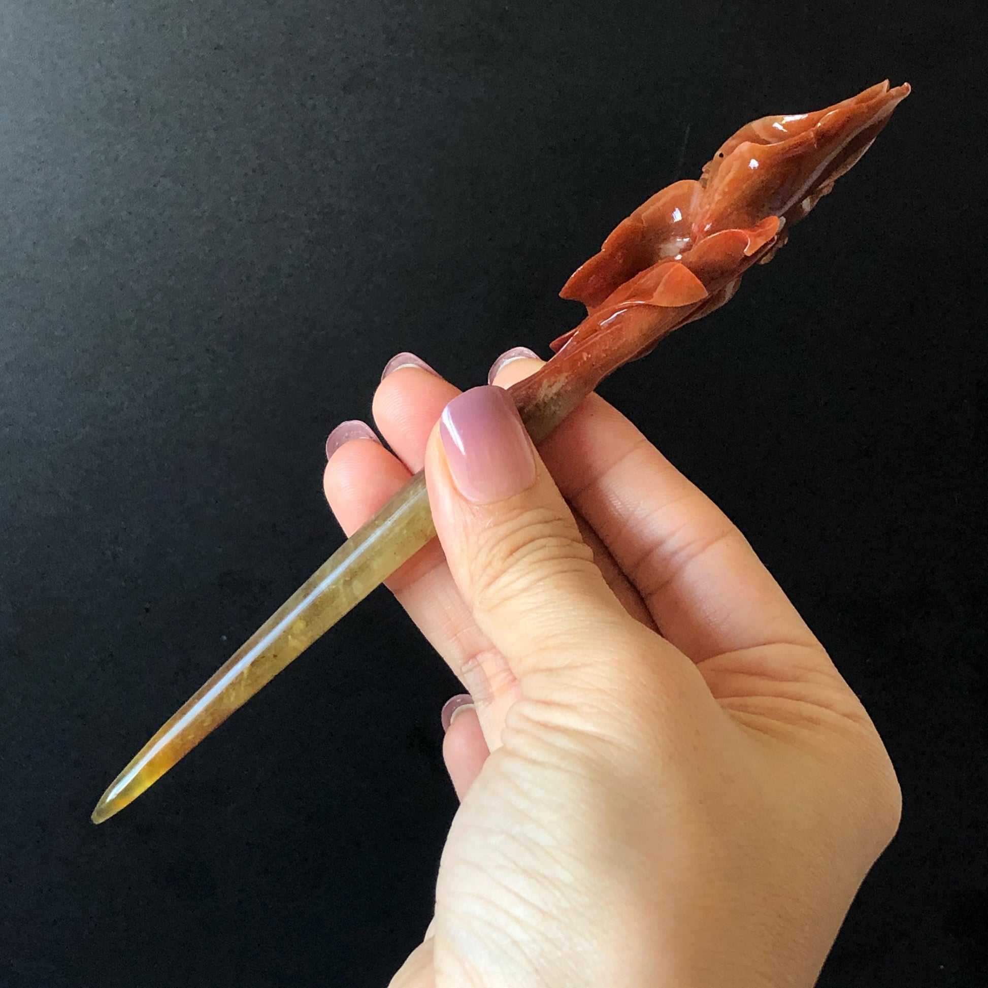 Xiu Jade Serpentine Hand Carved Yulan Flower Hair Fork with dangle: Certified Natural Yellow Red Jade Hairpin, Vintage Hanfu Hair Jewelry Gift for her Bridal Shower gift bridal hair clip wedding headpiece wedding hair jewelry bridal hair accessories red jade carving white jade hand engraved flower hair stick japanese hairpins korean hair stick chinese hair comb vintage hair pins antique hair fork hanfu hair pins certified untreated jade wedding headpiece bridal headpiece bridal shower gift