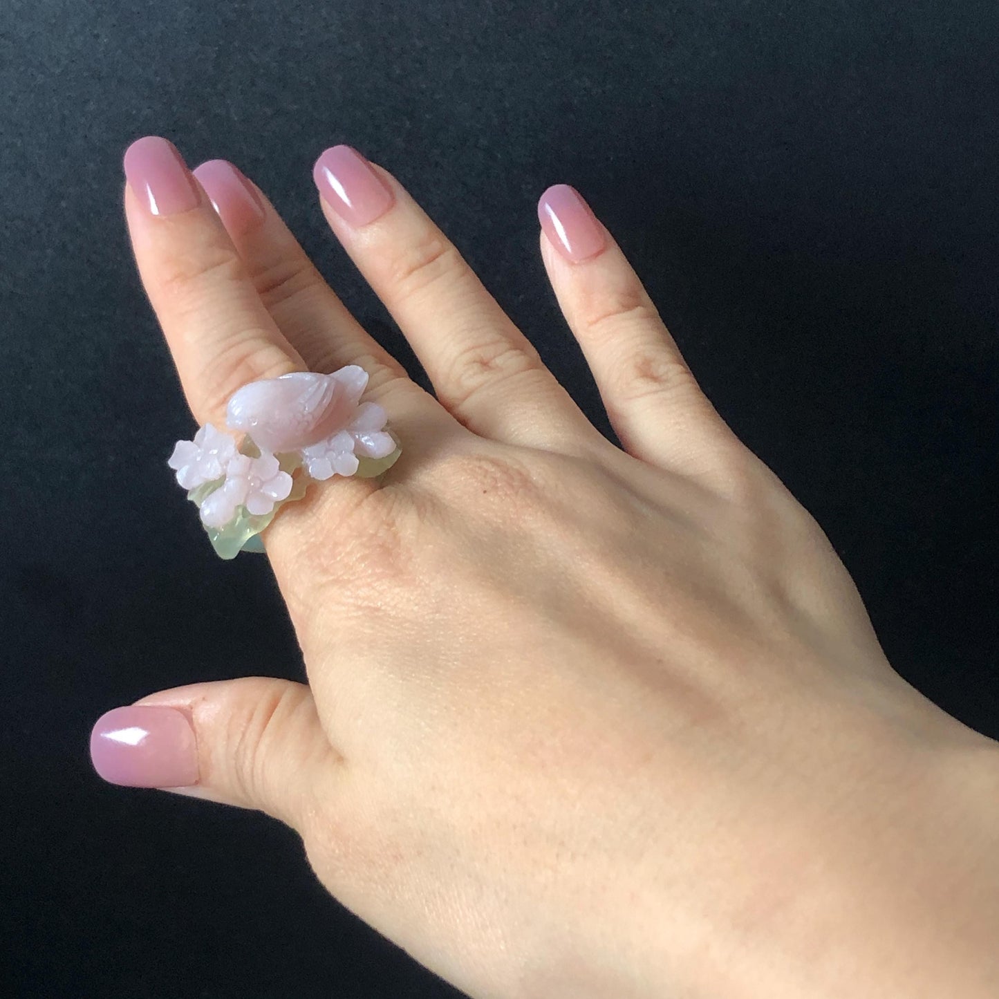 Custom Size! Xiu Jade Serpentine Hand Carved Pink Bird Flower Statement Ring: Green & Pink Jade Handcrafted 3D Stone Carving Ring for her yellow jade green jade carving pink jade carbonate jade ring hand carved jade band ring bird carving flower carving natural jade band ring cocktail ring for women make to order ring big size ring small size ring personalized ring customised ring flower ring bird carving bird lover gift 3D stone carving