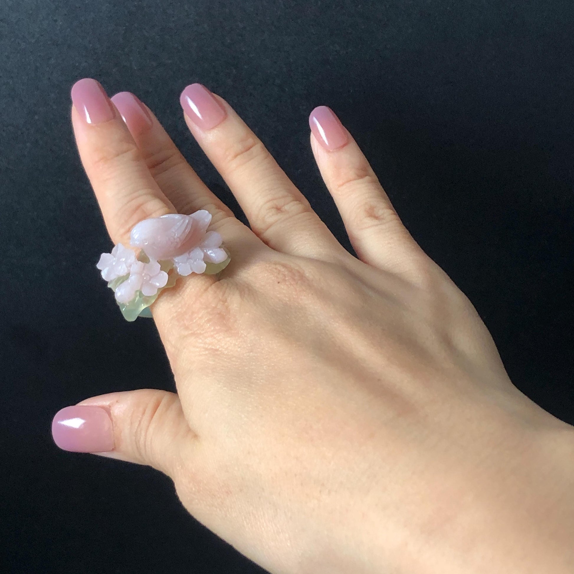 Custom Size! Xiu Jade Serpentine Hand Carved Pink Bird Flower Statement Ring: Green & Pink Jade Handcrafted 3D Stone Carving Ring for her yellow jade green jade carving pink jade carbonate jade ring hand carved jade band ring bird carving flower carving natural jade band ring cocktail ring for women make to order ring big size ring small size ring personalized ring customised ring flower ring bird carving bird lover gift 3D stone carving