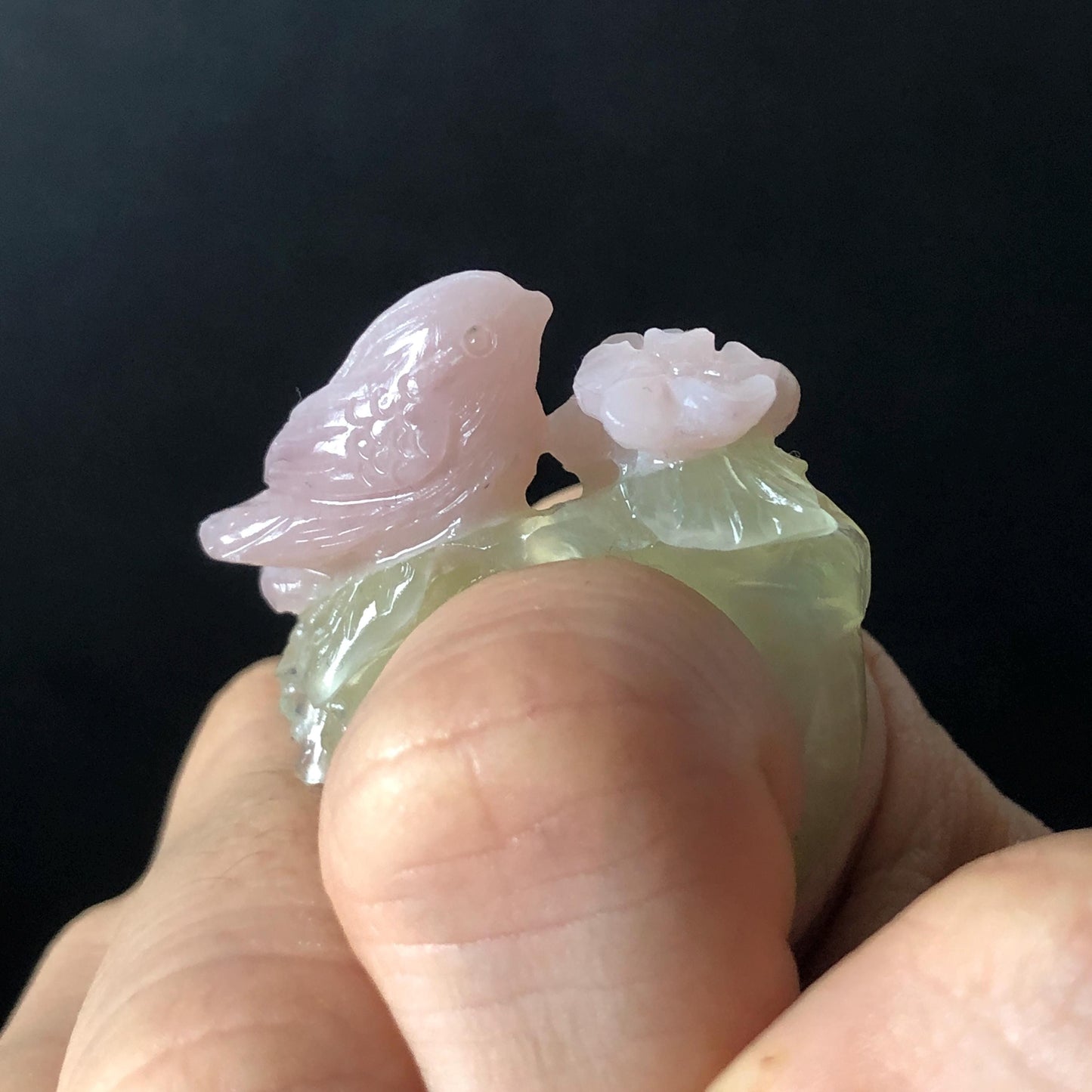 Custom Size! Xiu Jade Serpentine Hand Carved Pink Bird Flower Statement Ring: Green & Pink Jade Handcrafted 3D Stone Carving Ring for her yellow jade green jade carving pink jade carbonate jade ring hand carved jade band ring bird carving flower carving natural jade band ring cocktail ring for women make to order ring big size ring small size ring personalized ring customised ring flower ring bird carving bird lover gift 3D stone carving