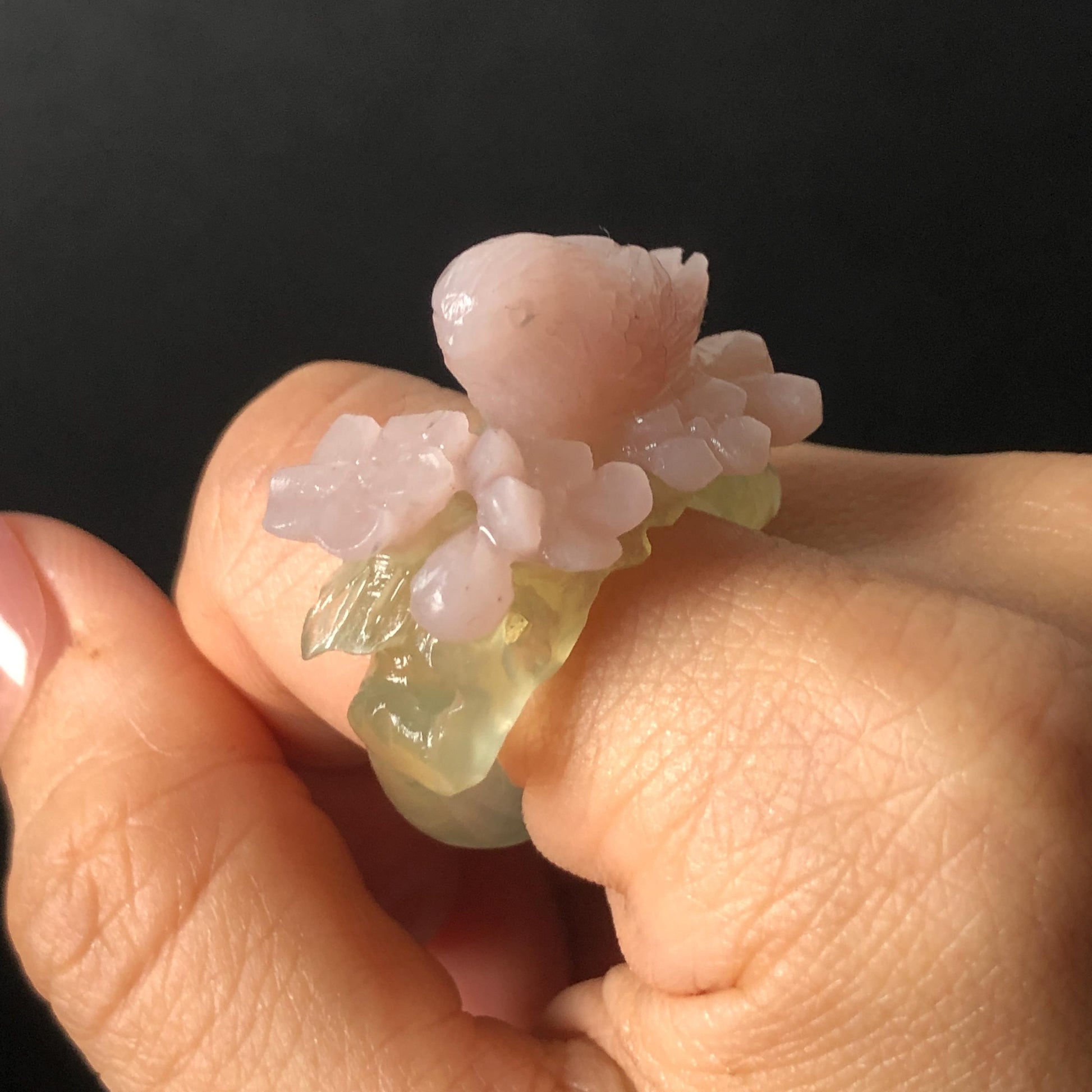 Custom Size! Xiu Jade Serpentine Hand Carved Pink Bird Flower Statement Ring: Green & Pink Jade Handcrafted 3D Stone Carving Ring for her yellow jade green jade carving pink jade carbonate jade ring hand carved jade band ring bird carving flower carving natural jade band ring cocktail ring for women make to order ring big size ring small size ring personalized ring customised ring flower ring bird carving bird lover gift 3D stone carving