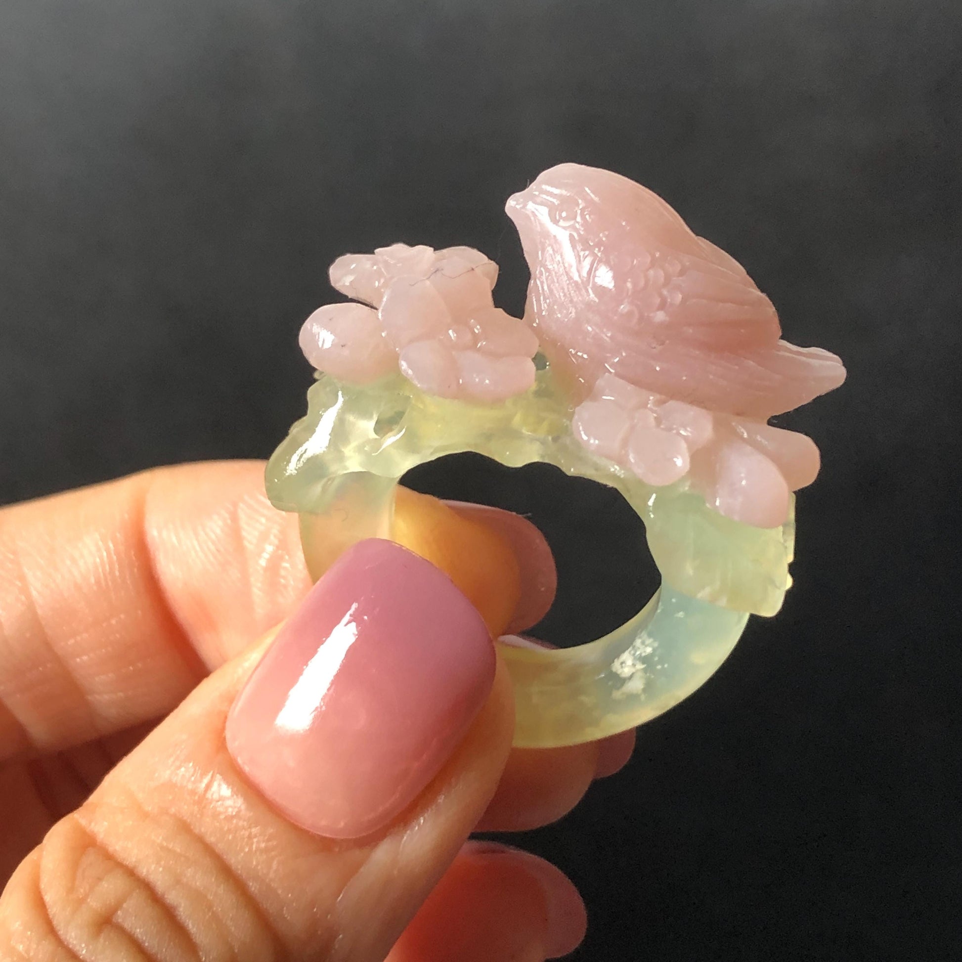 Custom Size! Xiu Jade Serpentine Hand Carved Pink Bird Flower Statement Ring: Green & Pink Jade Handcrafted 3D Stone Carving Ring for her yellow jade green jade carving pink jade carbonate jade ring hand carved jade band ring bird carving flower carving natural jade band ring cocktail ring for women make to order ring big size ring small size ring personalized ring customised ring flower ring bird carving bird lover gift 3D stone carving