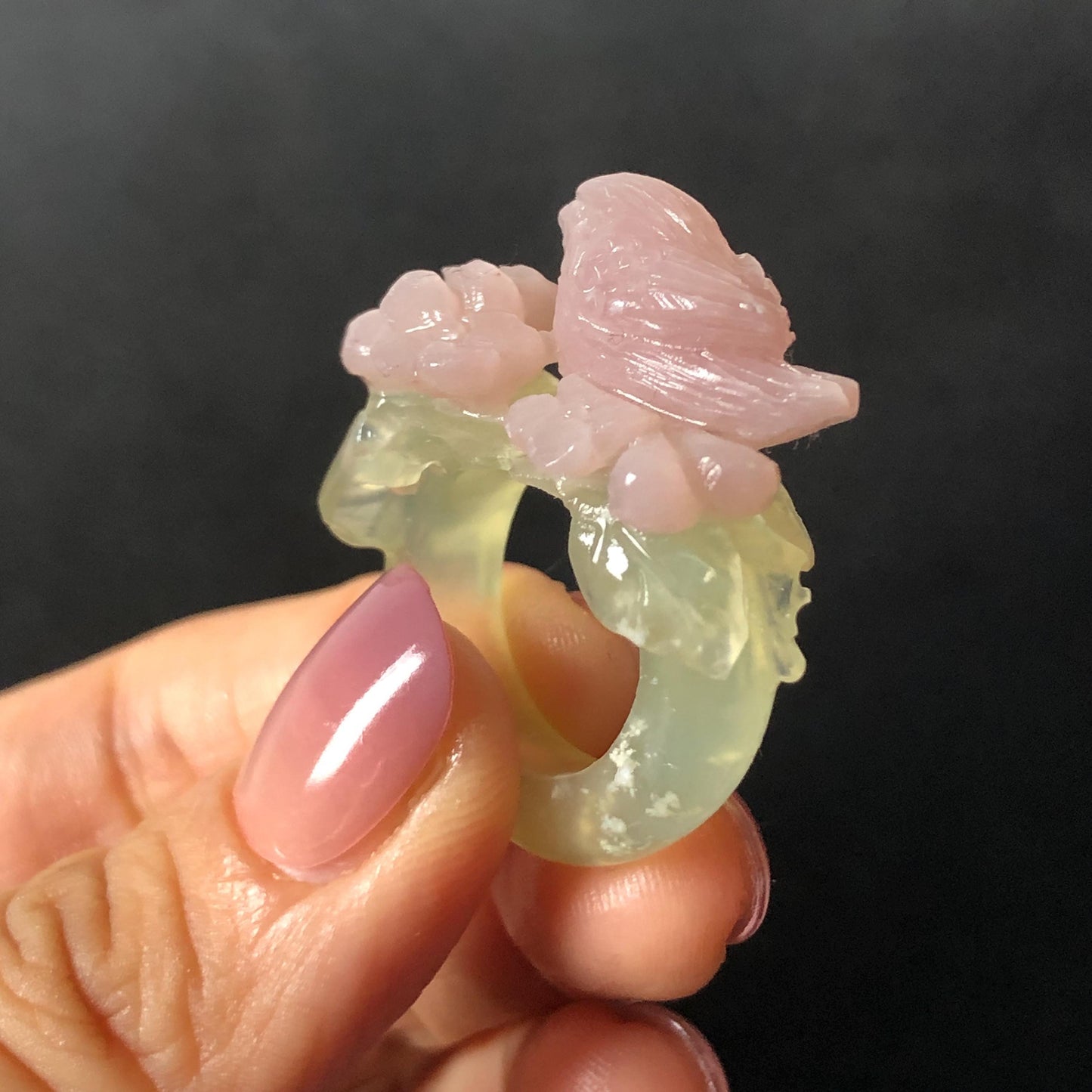 Custom Size! Xiu Jade Serpentine Hand Carved Pink Bird Flower Statement Ring: Green & Pink Jade Handcrafted 3D Stone Carving Ring for her yellow jade green jade carving pink jade carbonate jade ring hand carved jade band ring bird carving flower carving natural jade band ring cocktail ring for women make to order ring big size ring small size ring personalized ring customised ring flower ring bird carving bird lover gift 3D stone carving