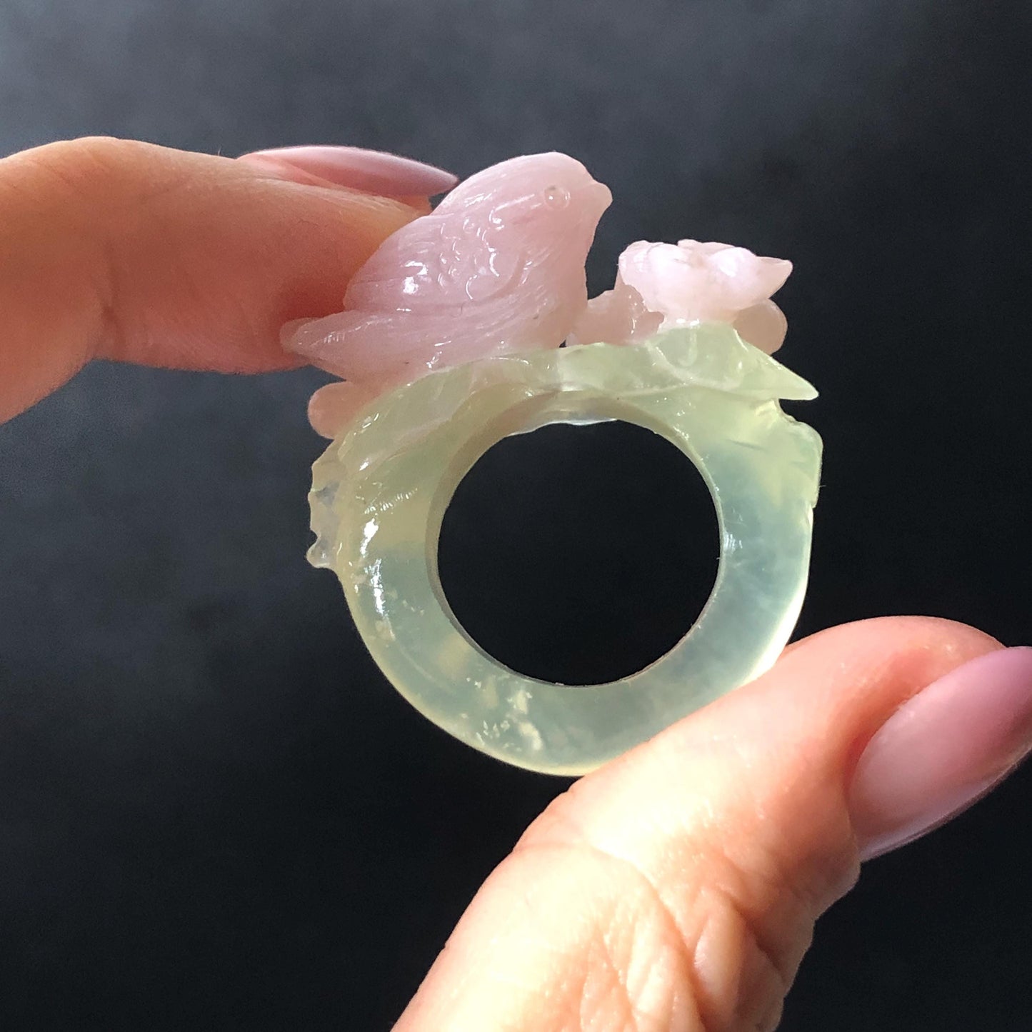Custom Size! Xiu Jade Serpentine Hand Carved Pink Bird Flower Statement Ring: Green & Pink Jade Handcrafted 3D Stone Carving Ring for her yellow jade green jade carving pink jade carbonate jade ring hand carved jade band ring bird carving flower carving natural jade band ring cocktail ring for women make to order ring big size ring small size ring personalized ring customised ring flower ring bird carving bird lover gift 3D stone carving