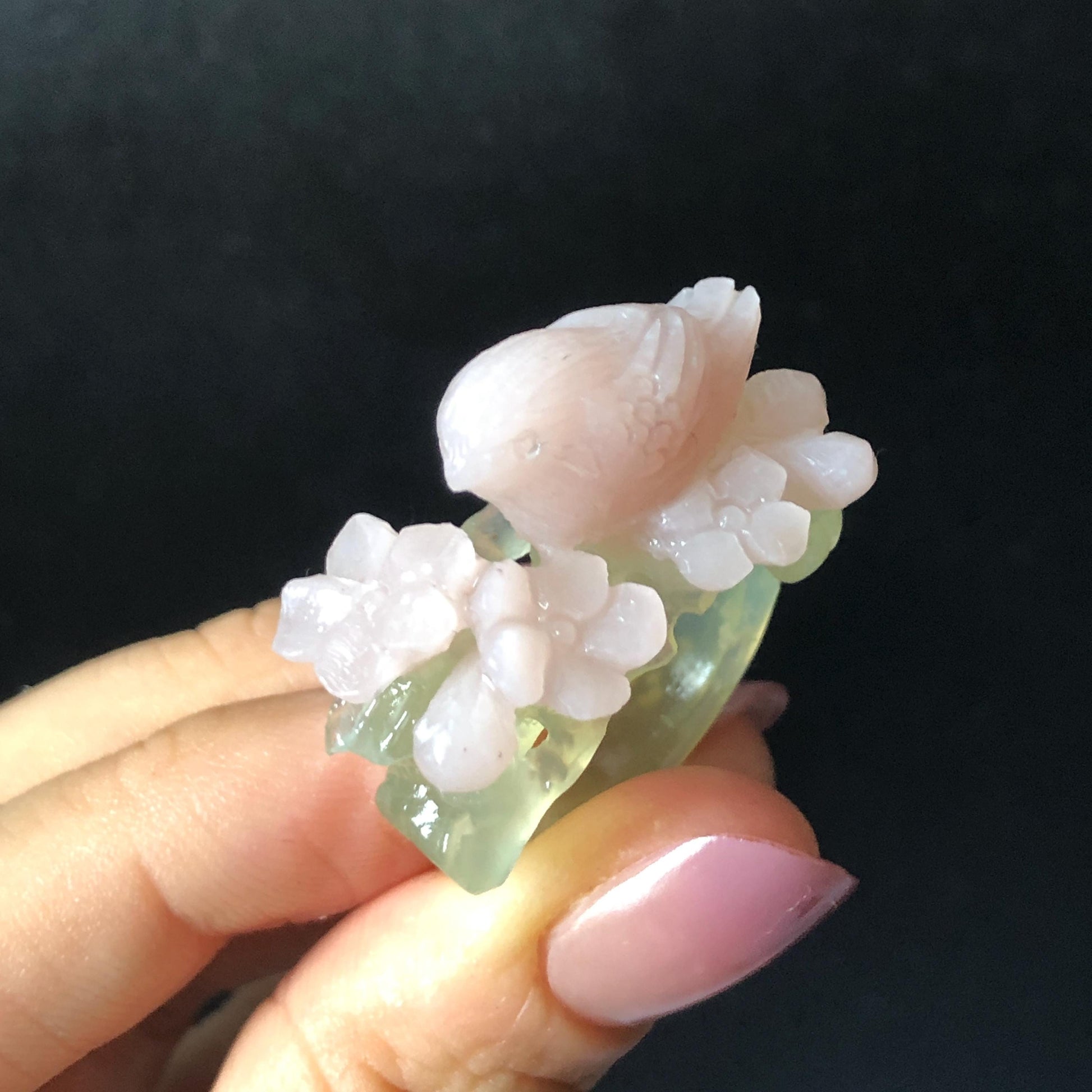 Custom Size! Xiu Jade Serpentine Hand Carved Pink Bird Flower Statement Ring: Green & Pink Jade Handcrafted 3D Stone Carving Ring for her yellow jade green jade carving pink jade carbonate jade ring hand carved jade band ring bird carving flower carving natural jade band ring cocktail ring for women make to order ring big size ring small size ring personalized ring customised ring flower ring bird carving bird lover gift 3D stone carving