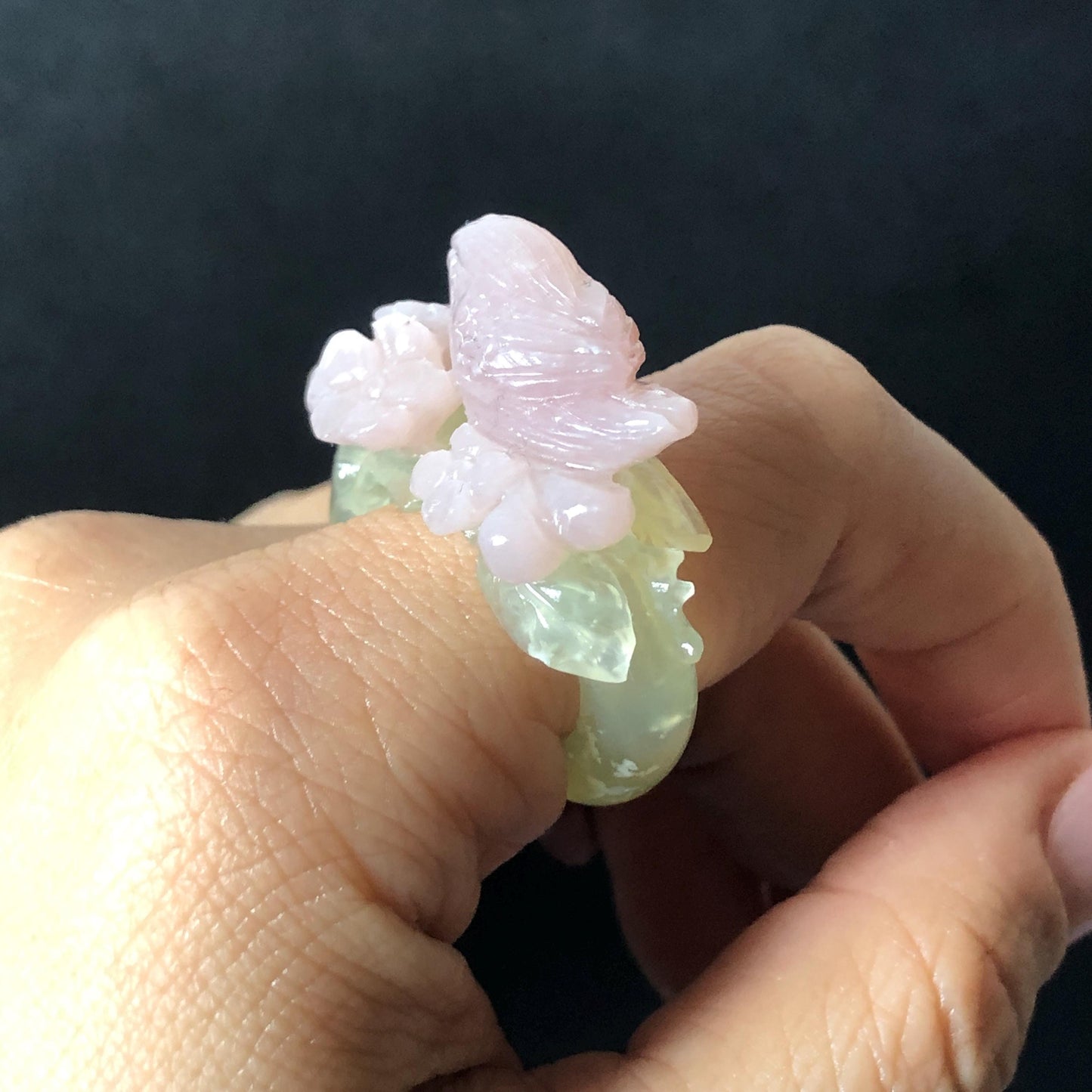 Custom Size! Xiu Jade Serpentine Hand Carved Pink Bird Flower Statement Ring: Green & Pink Jade Handcrafted 3D Stone Carving Ring for her yellow jade green jade carving pink jade carbonate jade ring hand carved jade band ring bird carving flower carving natural jade band ring cocktail ring for women make to order ring big size ring small size ring personalized ring customised ring flower ring bird carving bird lover gift 3D stone carving