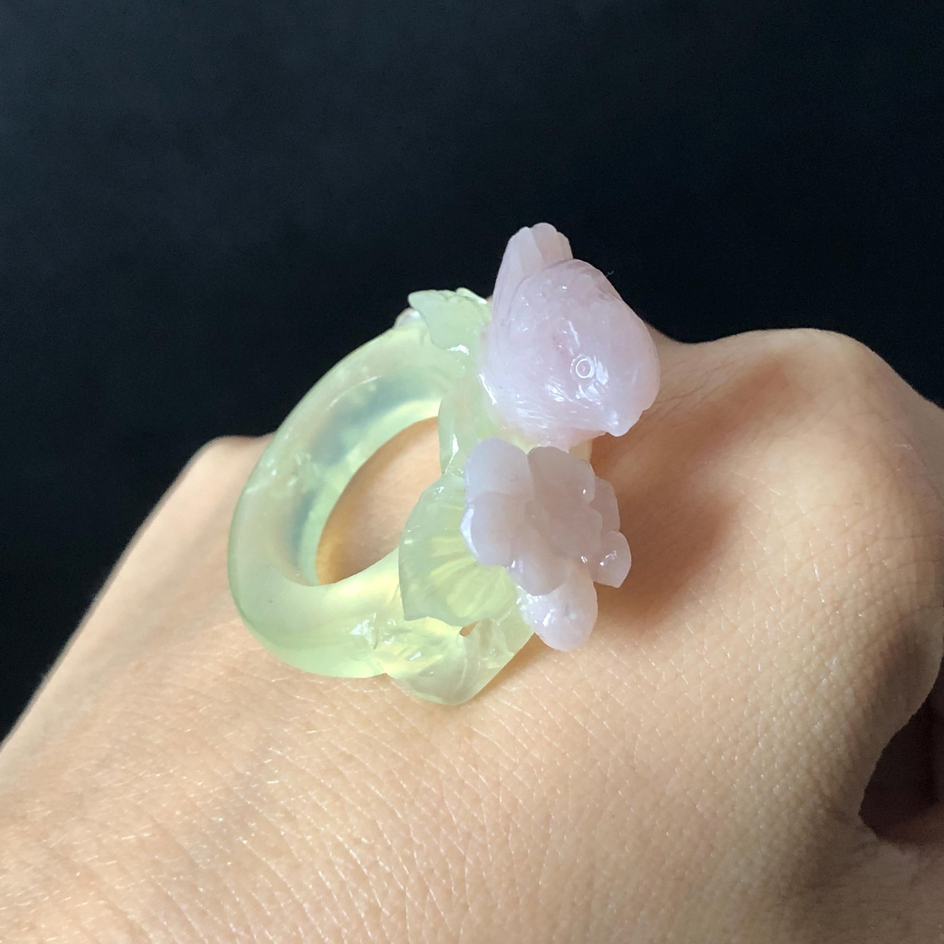 Custom Size! Xiu Jade Serpentine Hand Carved Pink Bird Flower Statement Ring: Green & Pink Jade Handcrafted 3D Stone Carving Ring for her yellow jade green jade carving pink jade carbonate jade ring hand carved jade band ring bird carving flower carving natural jade band ring cocktail ring for women make to order ring big size ring small size ring personalized ring customised ring flower ring bird carving bird lover gift 3D stone carving