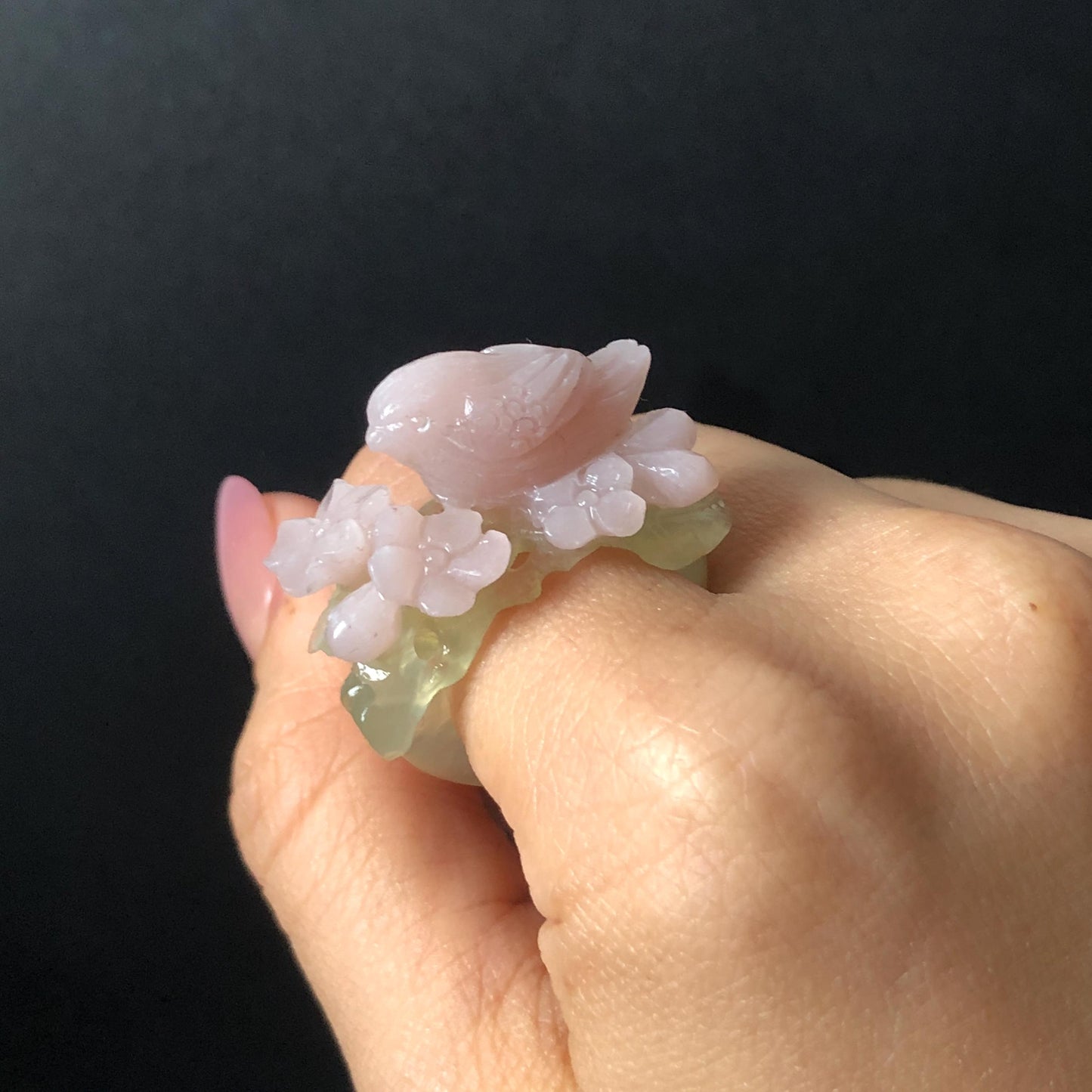Custom Size! Xiu Jade Serpentine Hand Carved Pink Bird Flower Statement Ring: Green & Pink Jade Handcrafted 3D Stone Carving Ring for her yellow jade green jade carving pink jade carbonate jade ring hand carved jade band ring bird carving flower carving natural jade band ring cocktail ring for women make to order ring big size ring small size ring personalized ring customised ring flower ring bird carving bird lover gift 3D stone carving