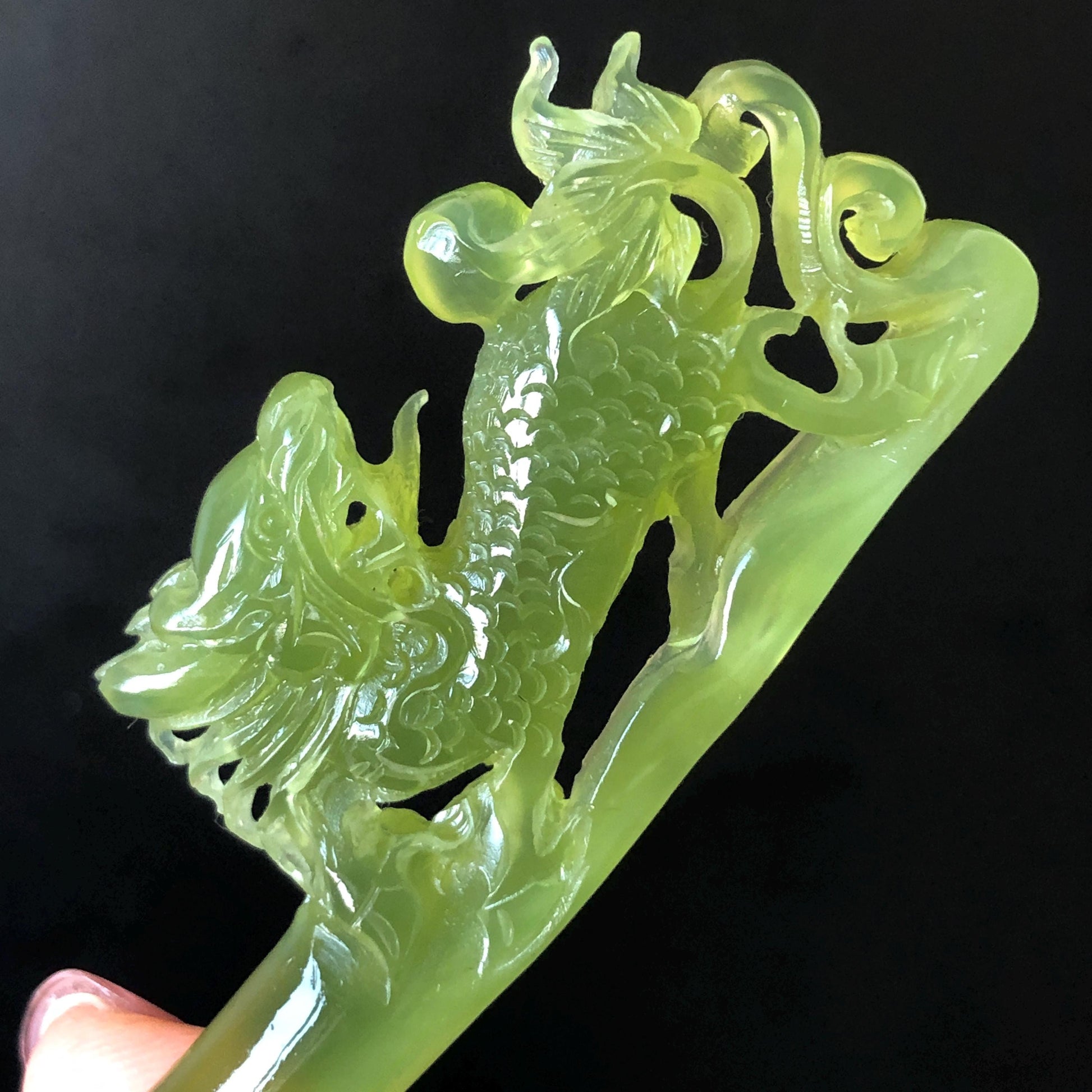 Xiu Jade Serpentine Hand Carved Qilin Kirin Hair Pin: Certified Natural Ice Green Jade Hair Stick, Asian Vintage Hair Fork Gift for her japanese hairpin korean hair stick hanfu hair fork vintage hair comb antique hair pins dragon carving hand engraved kirin Qilin carving green jade carving hand carved dragon hair stick 3D stone carving antique hair stick untreated jade with certificate