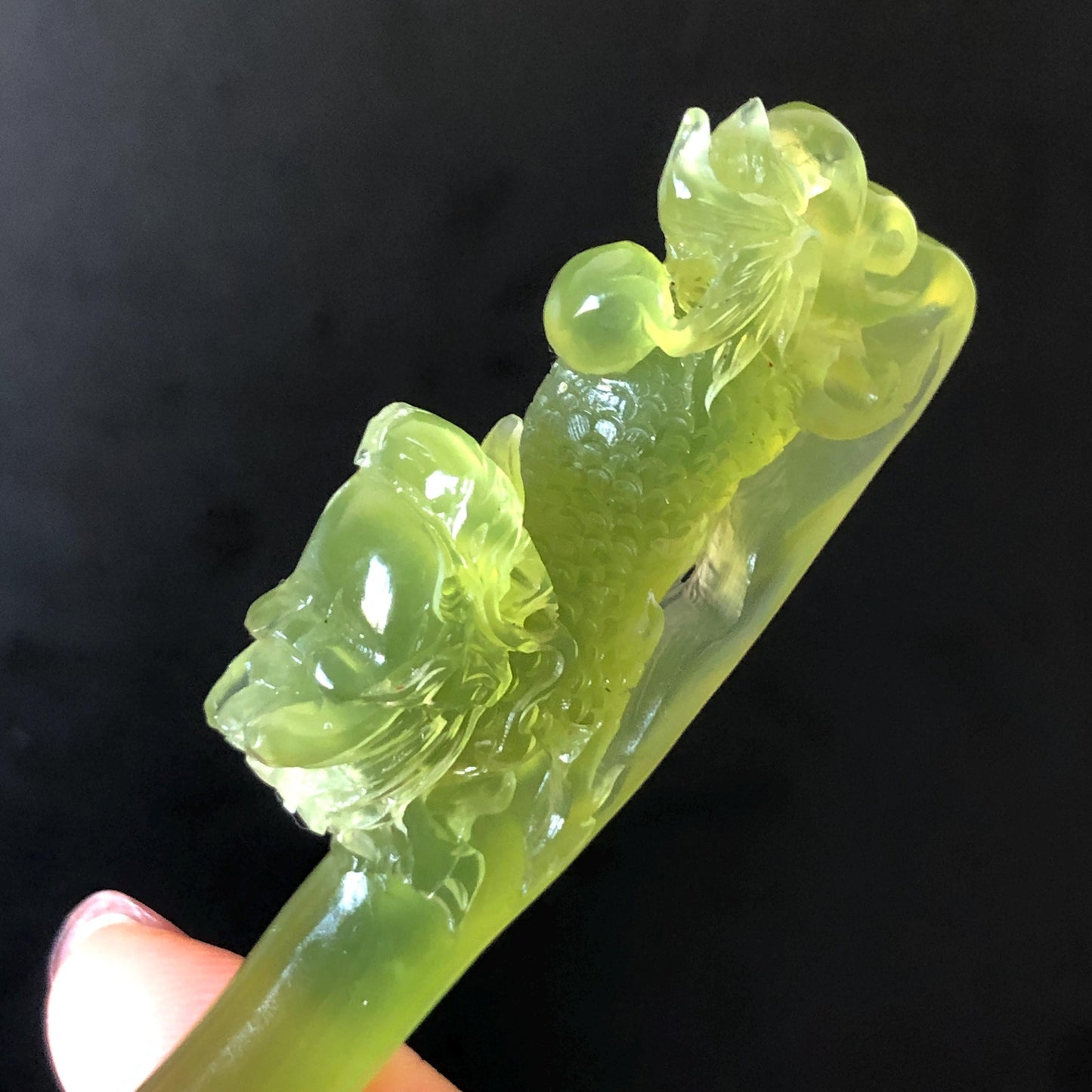 Xiu Jade Serpentine Hand Carved Qilin Kirin Hair Pin: Certified Natural Ice Green Jade Hair Stick, Asian Vintage Hair Fork Gift for her japanese hairpin korean hair stick hanfu hair fork vintage hair comb antique hair pins dragon carving hand engraved kirin Qilin carving green jade carving hand carved dragon hair stick 3D stone carving antique hair stick untreated jade with certificate