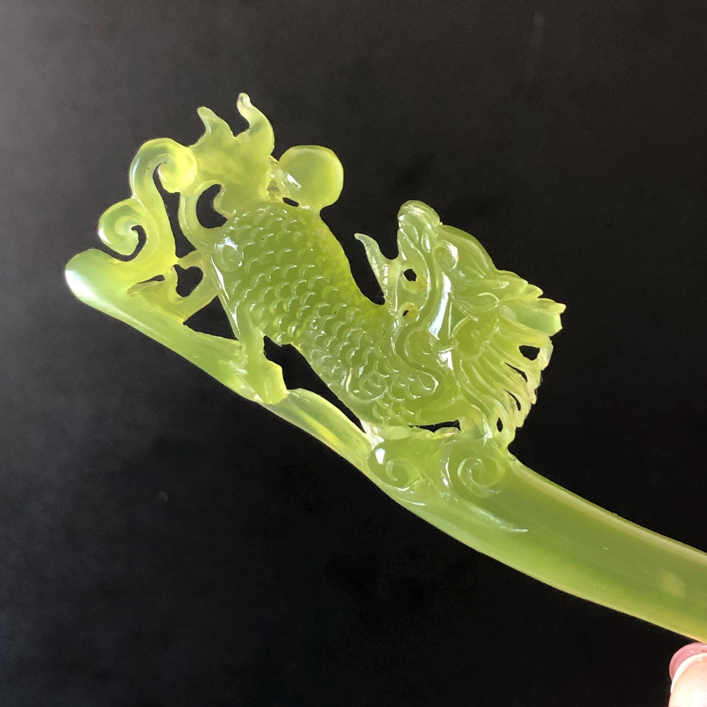 Xiu Jade Serpentine Hand Carved Qilin Kirin Hair Pin: Certified Natural Ice Green Jade Hair Stick, Asian Vintage Hair Fork Gift for her japanese hairpin korean hair stick hanfu hair fork vintage hair comb antique hair pins dragon carving hand engraved kirin Qilin carving green jade carving hand carved dragon hair stick 3D stone carving antique hair stick untreated jade with certificate