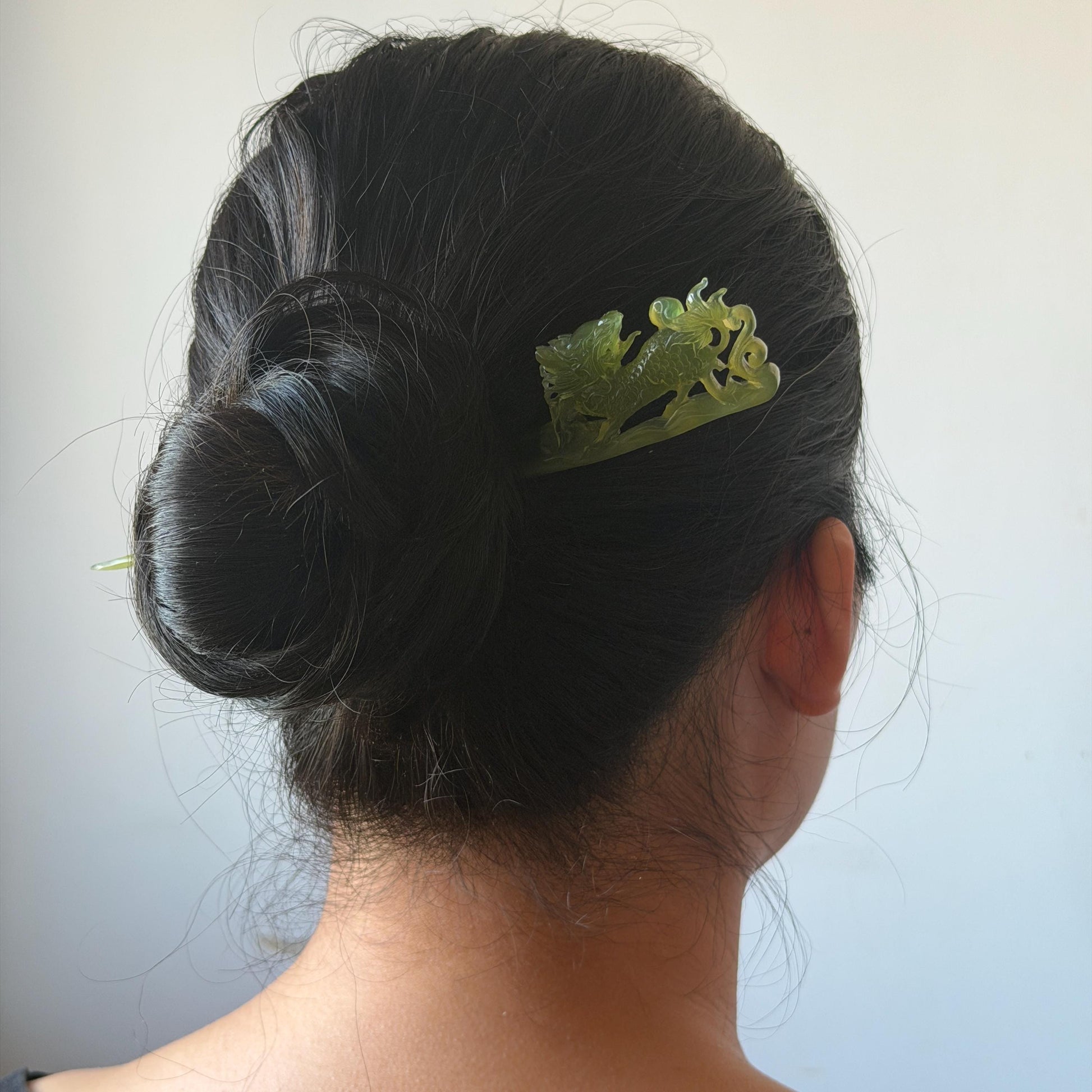 Xiu Jade Serpentine Hand Carved Qilin Kirin Hair Pin: Certified Natural Ice Green Jade Hair Stick, Asian Vintage Hair Fork Gift for her japanese hairpin korean hair stick hanfu hair fork vintage hair comb antique hair pins dragon carving hand engraved kirin Qilin carving green jade carving hand carved dragon hair stick 3D stone carving antique hair stick untreated jade with certificate