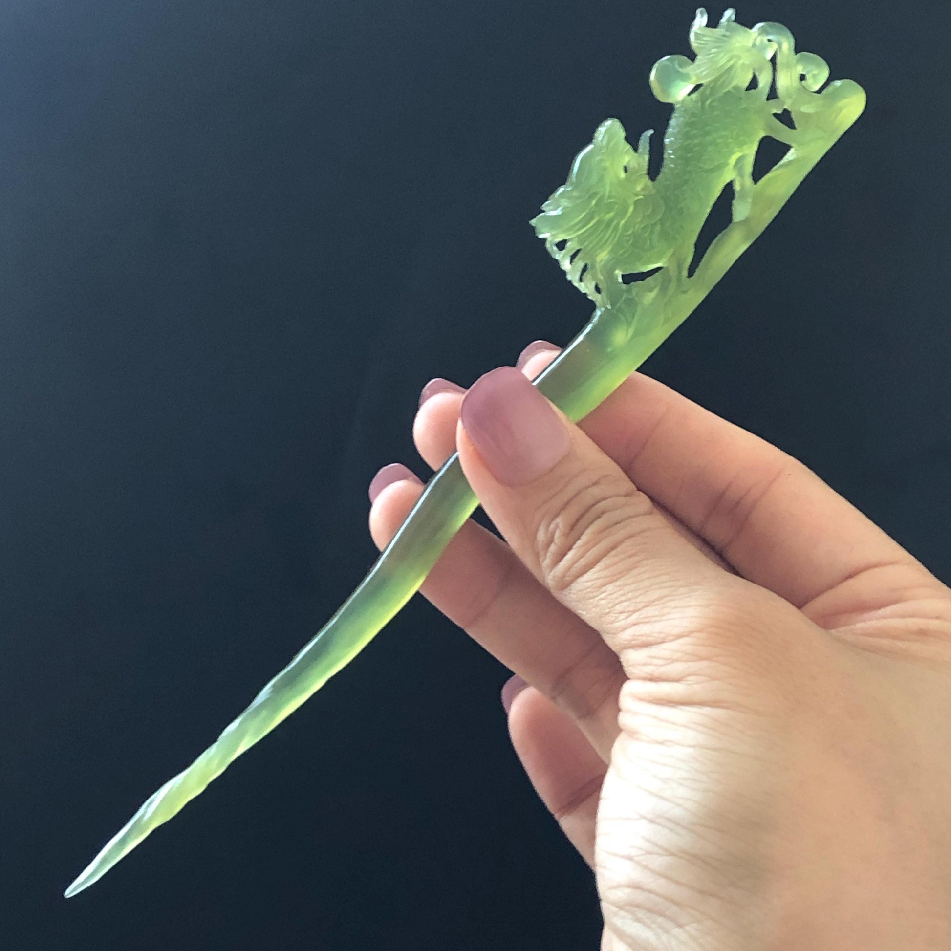 Xiu Jade Serpentine Hand Carved Qilin Kirin Hair Pin: Certified Natural Ice Green Jade Hair Stick, Asian Vintage Hair Fork Gift for her japanese hairpin korean hair stick hanfu hair fork vintage hair comb antique hair pins dragon carving hand engraved kirin Qilin carving green jade carving hand carved dragon hair stick 3D stone carving antique hair stick untreated jade with certificate