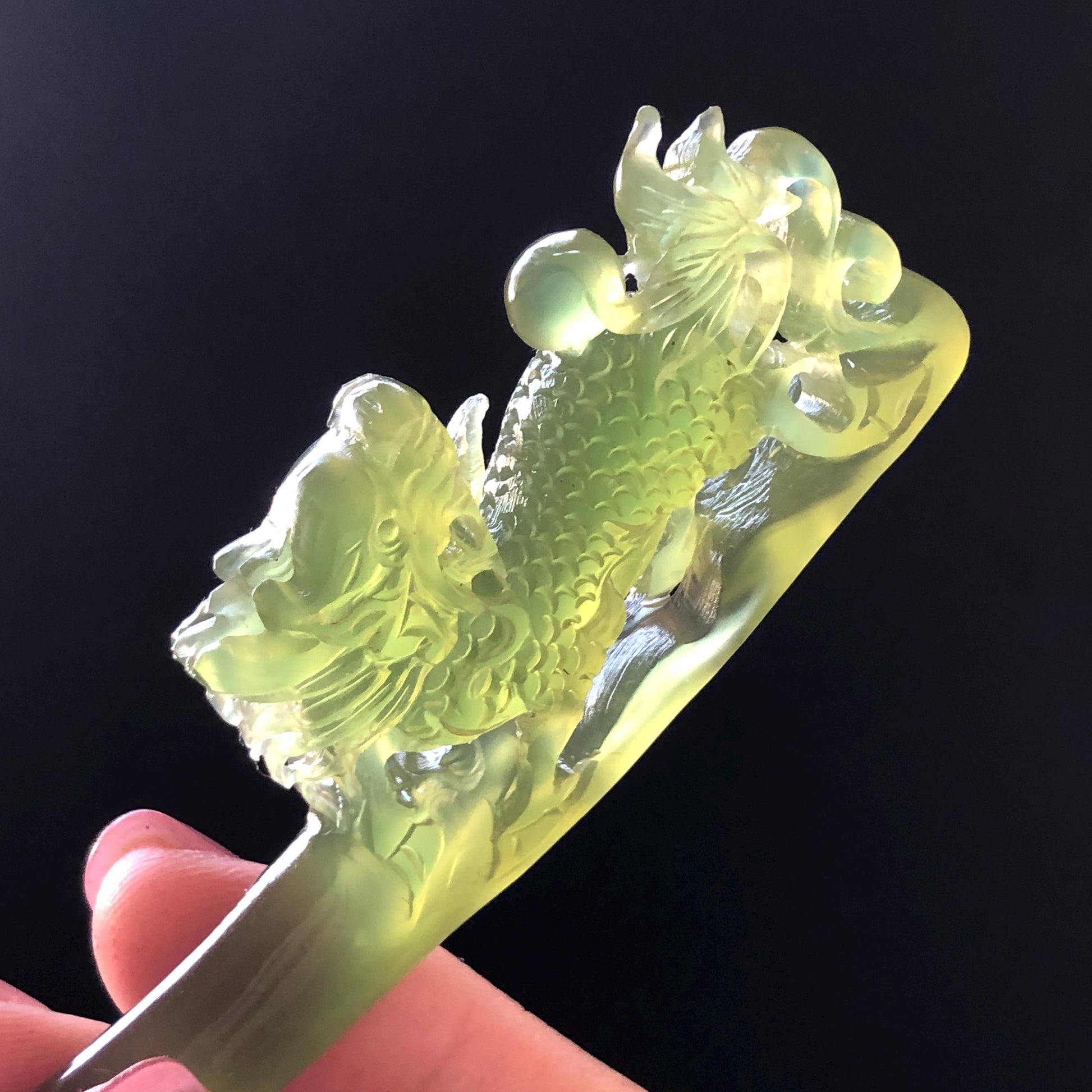 Xiu Jade Serpentine Hand Carved Qilin Kirin Hair Pin: Certified Natural Ice Green Jade Hair Stick, Asian Vintage Hair Fork Gift for her japanese hairpin korean hair stick hanfu hair fork vintage hair comb antique hair pins dragon carving hand engraved kirin Qilin carving green jade carving hand carved dragon hair stick 3D stone carving antique hair stick untreated jade with certificate