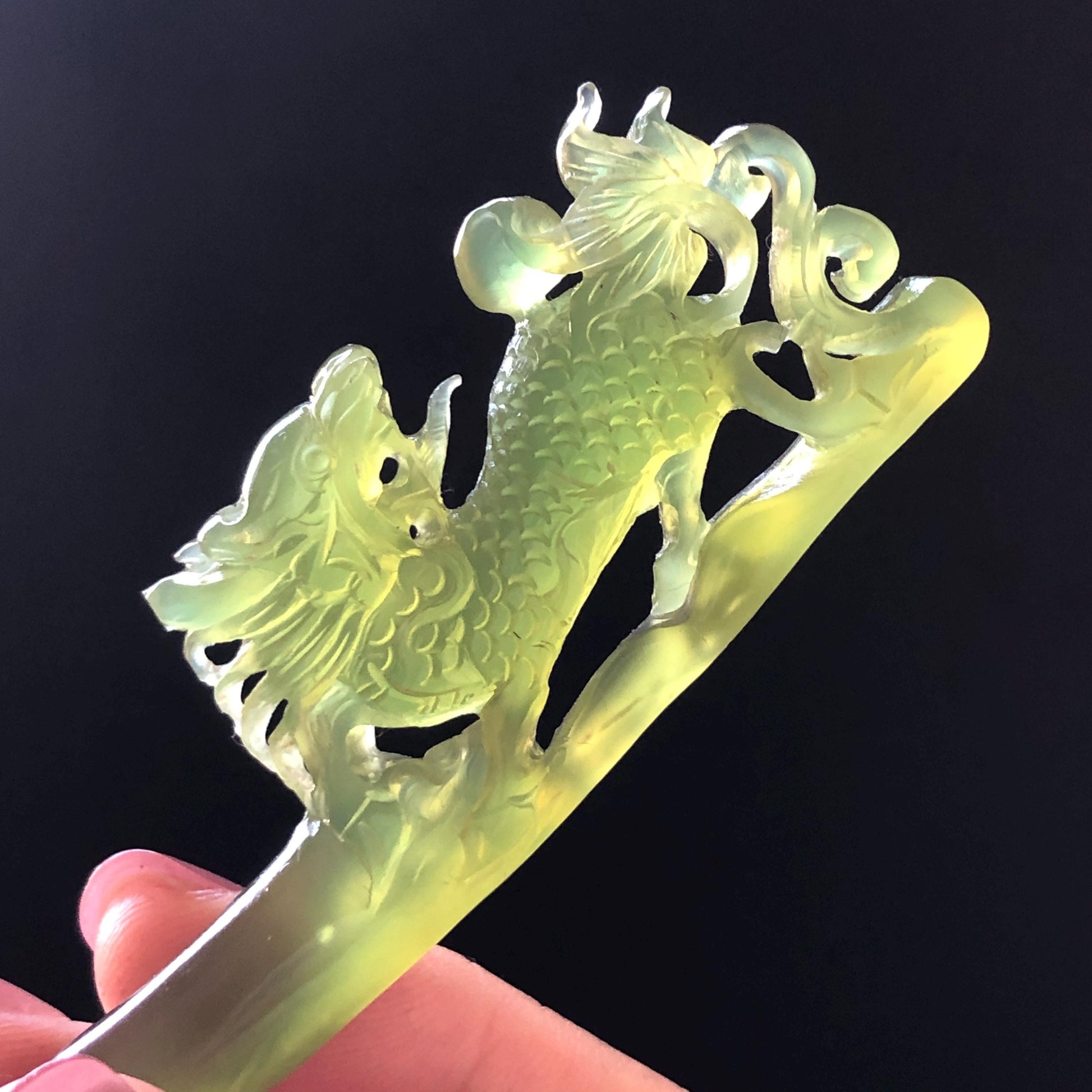Xiu Jade Serpentine Hand Carved Qilin Kirin Hair Pin: Certified Natural Ice Green Jade Hair Stick, Asian Vintage Hair Fork Gift for her japanese hairpin korean hair stick hanfu hair fork vintage hair comb antique hair pins dragon carving hand engraved kirin Qilin carving green jade carving hand carved dragon hair stick 3D stone carving antique hair stick untreated jade with certificate