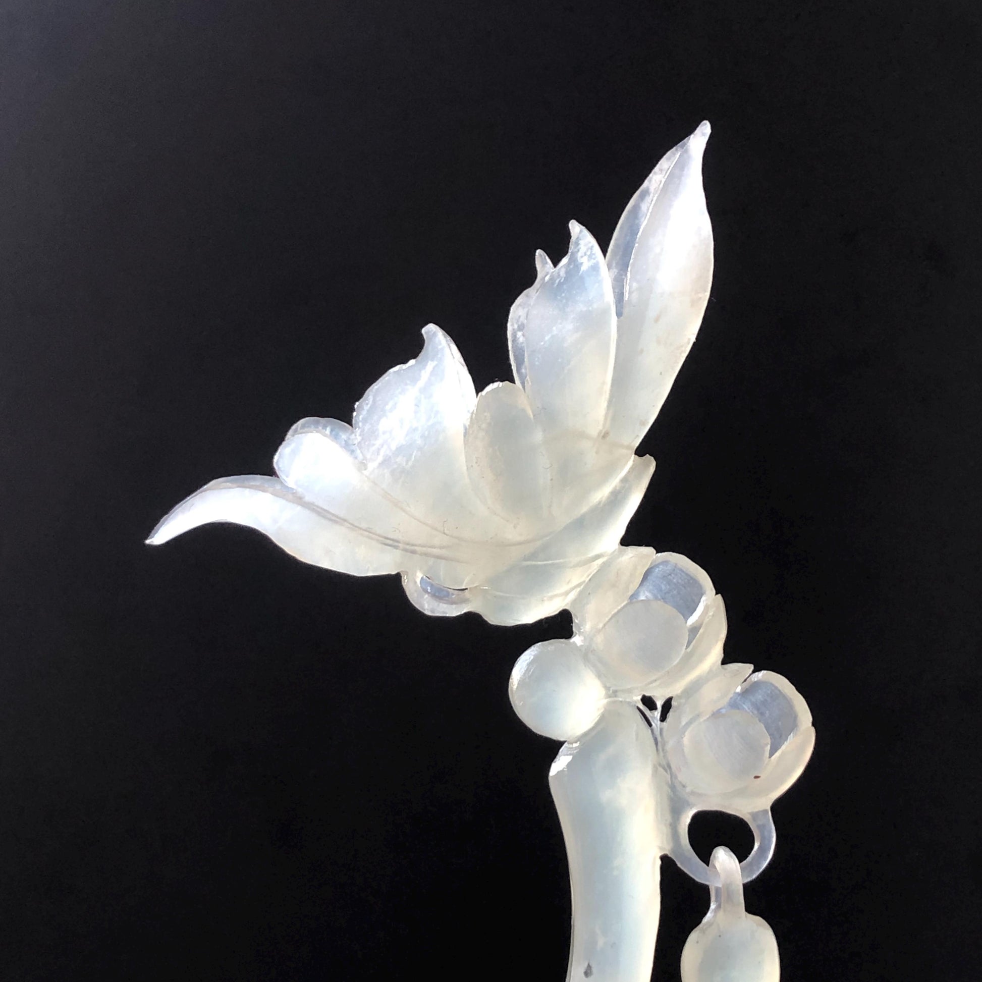 Xiu Jade Serpentine Crescent Moon Butterfly and Lily of Valley Flower Hair Stick with Dangle: Ice White Jade Hand Carved Half Moon Hair Pin, Vintage Chinese Hair Fork with Certificate Bridal Wedding Headpiece Gift for her japanese hairpin korean hair stick chinese hair comb asian hair fork moon hair stick hair pins with dangle ice white jade carving Peony carving flower carving natural untreated jade with certificate bridal shower gift wedding hair accessory hair jewelry butterfly carving