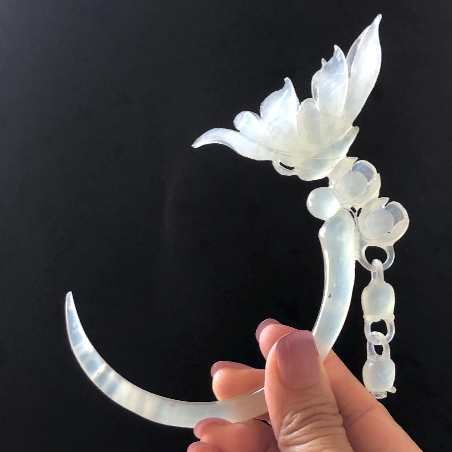 Xiu Jade Serpentine Crescent Moon Butterfly and Lily of Valley Flower Hair Stick with Dangle: Ice White Jade Hand Carved Half Moon Hair Pin, Vintage Chinese Hair Fork with Certificate Bridal Wedding Headpiece Gift for her japanese hairpin korean hair stick chinese hair comb asian hair fork moon hair stick hair pins with dangle ice white jade carving Peony carving flower carving natural untreated jade with certificate bridal shower gift wedding hair accessory hair jewelry butterfly carving