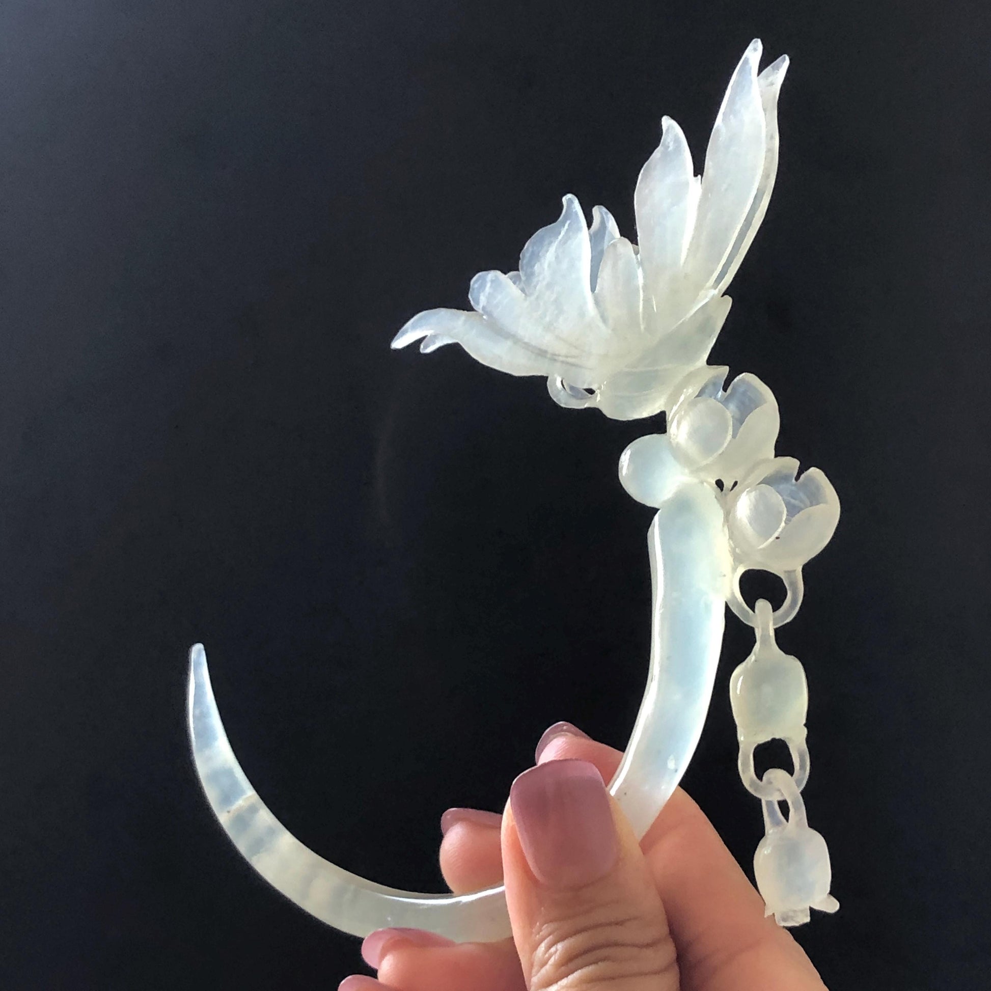 Xiu Jade Serpentine Crescent Moon Butterfly and Lily of Valley Flower Hair Stick with Dangle: Ice White Jade Hand Carved Half Moon Hair Pin, Vintage Chinese Hair Fork with Certificate Bridal Wedding Headpiece Gift for her japanese hairpin korean hair stick chinese hair comb asian hair fork moon hair stick hair pins with dangle ice white jade carving Peony carving flower carving natural untreated jade with certificate bridal shower gift wedding hair accessory hair jewelry butterfly carving
