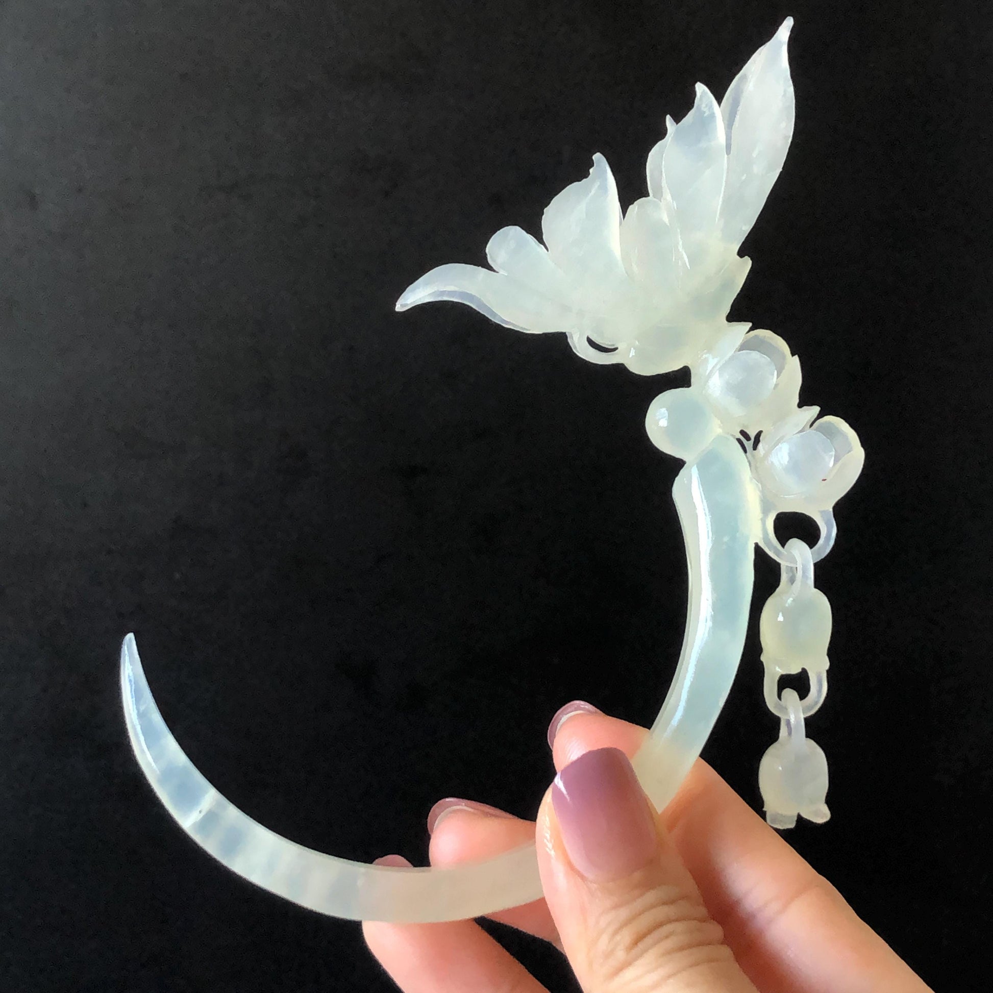 Xiu Jade Serpentine Crescent Moon Butterfly and Lily of Valley Flower Hair Stick with Dangle: Ice White Jade Hand Carved Half Moon Hair Pin, Vintage Chinese Hair Fork with Certificate Bridal Wedding Headpiece Gift for her japanese hairpin korean hair stick chinese hair comb asian hair fork moon hair stick hair pins with dangle ice white jade carving Peony carving flower carving natural untreated jade with certificate bridal shower gift wedding hair accessory hair jewelry butterfly carving