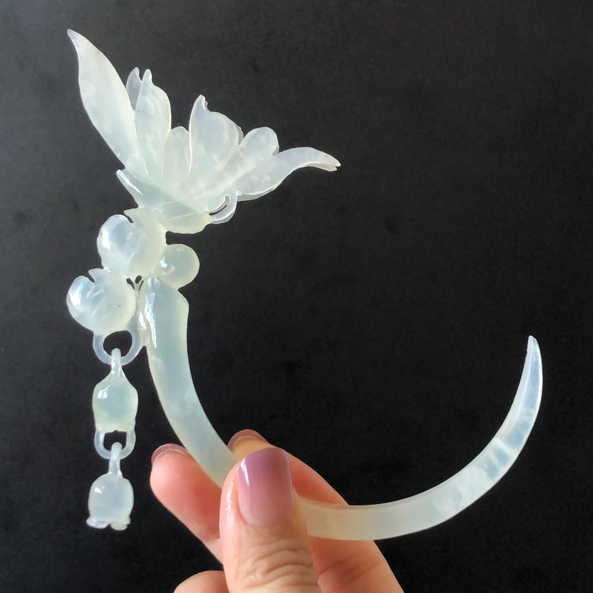 Xiu Jade Serpentine Crescent Moon Butterfly and Lily of Valley Flower Hair Stick with Dangle: Ice White Jade Hand Carved Half Moon Hair Pin, Vintage Chinese Hair Fork with Certificate Bridal Wedding Headpiece Gift for her japanese hairpin korean hair stick chinese hair comb asian hair fork moon hair stick hair pins with dangle ice white jade carving Peony carving flower carving natural untreated jade with certificate bridal shower gift wedding hair accessory hair jewelry butterfly carving