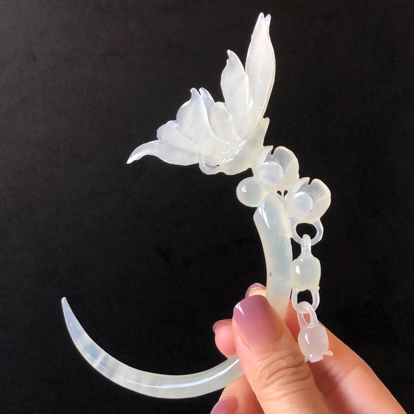 Xiu Jade Serpentine Crescent Moon Butterfly and Lily of Valley Flower Hair Stick with Dangle: Ice White Jade Hand Carved Half Moon Hair Pin, Vintage Chinese Hair Fork with Certificate Bridal Wedding Headpiece Gift for her japanese hairpin korean hair stick chinese hair comb asian hair fork moon hair stick hair pins with dangle ice white jade carving Peony carving flower carving natural untreated jade with certificate bridal shower gift wedding hair accessory hair jewelry butterfly carving