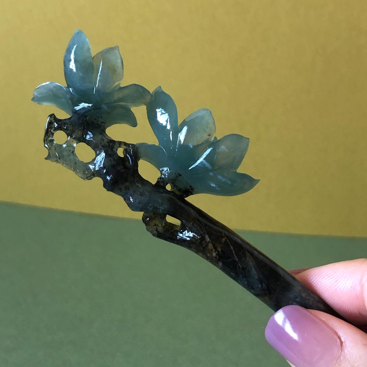Xiu Jade Serpentine Hand Carved Yulan Magnolia Flower Hair Pin: Natural Certified Black & Blue Jade Handcrafted Flower Hair Stick | Asian Chinese Vintage Style Gift, Korean hair pin, Japanese Hair Stick, Chinese Hair Comb, Flower Jade Carving, engraved jade hairpin, blue jade black jade muti colour jade bi colour jade certified natural jade gift for her mother day gift, bridal hairpin, wedding hair stick Yulan carving Magnolia carving hanfu hair stick bridal shower gift wedding headpiece