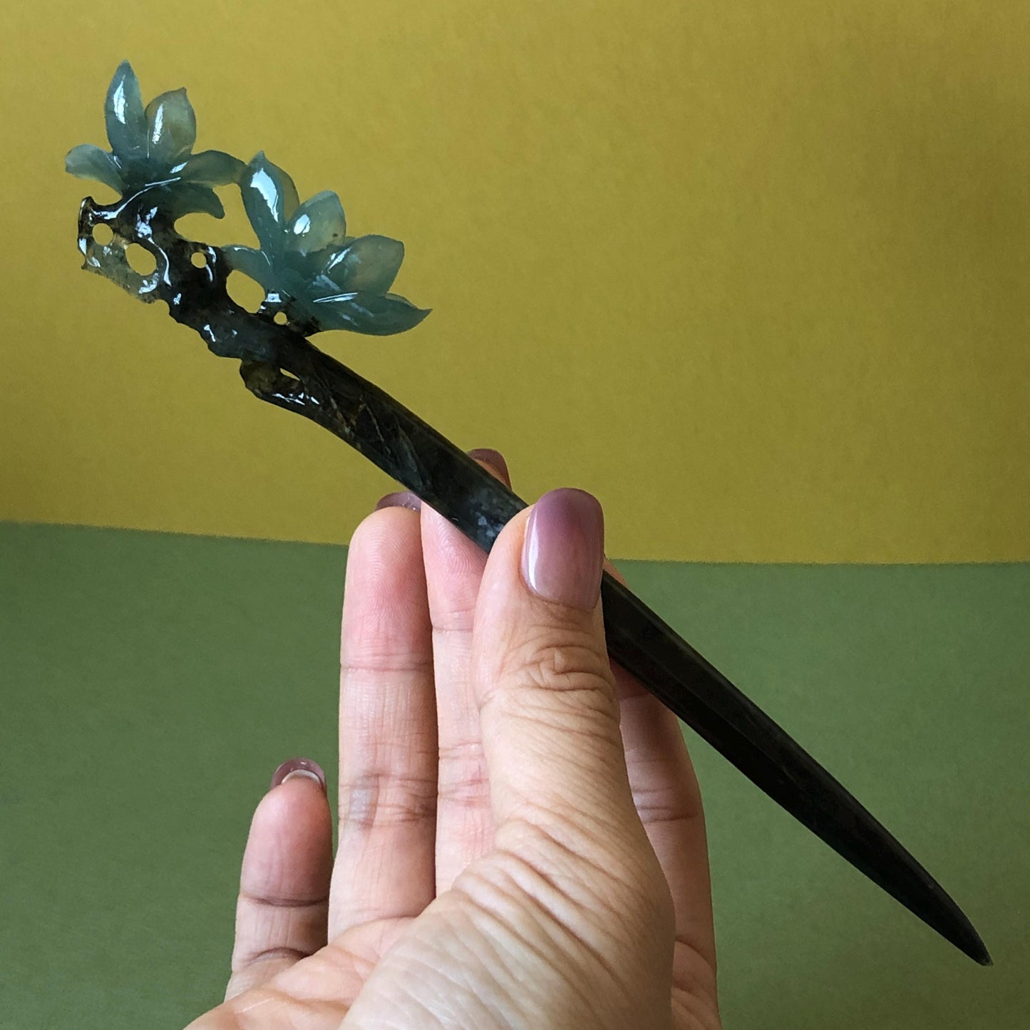 Xiu Jade Serpentine Hand Carved Yulan Magnolia Flower Hair Pin: Natural Certified Black & Blue Jade Handcrafted Flower Hair Stick | Asian Chinese Vintage Style Gift, Korean hair pin, Japanese Hair Stick, Chinese Hair Comb, Flower Jade Carving, engraved jade hairpin, blue jade black jade muti colour jade bi colour jade certified natural jade gift for her mother day gift, bridal hairpin, wedding hair stick Yulan carving Magnolia carving hanfu hair stick bridal shower gift wedding headpiece