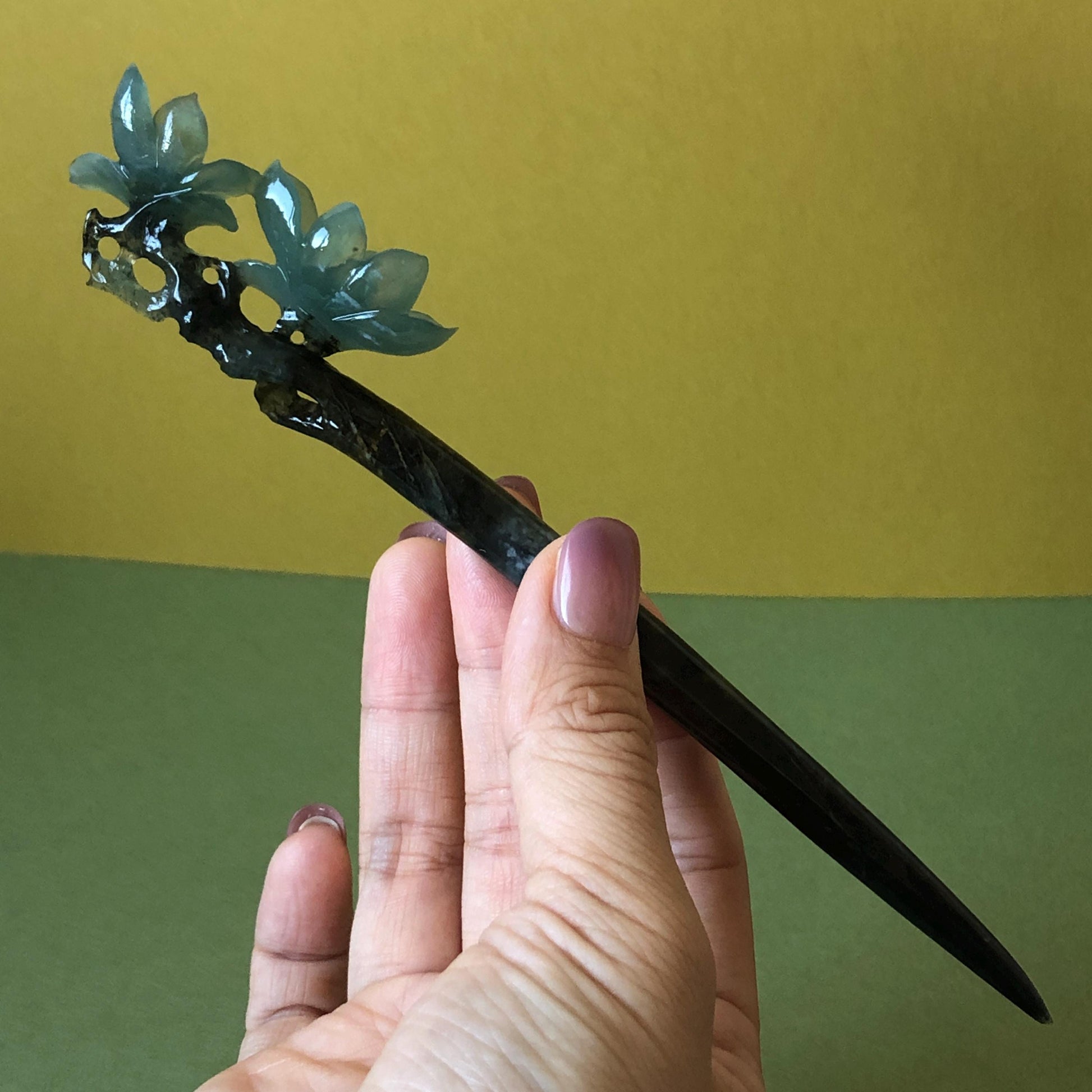 Xiu Jade Serpentine Hand Carved Yulan Magnolia Flower Hair Pin: Natural Certified Black & Blue Jade Handcrafted Flower Hair Stick | Asian Chinese Vintage Style Gift, Korean hair pin, Japanese Hair Stick, Chinese Hair Comb, Flower Jade Carving, engraved jade hairpin, blue jade black jade muti colour jade bi colour jade certified natural jade gift for her mother day gift, bridal hairpin, wedding hair stick Yulan carving Magnolia carving hanfu hair stick bridal shower gift wedding headpiece